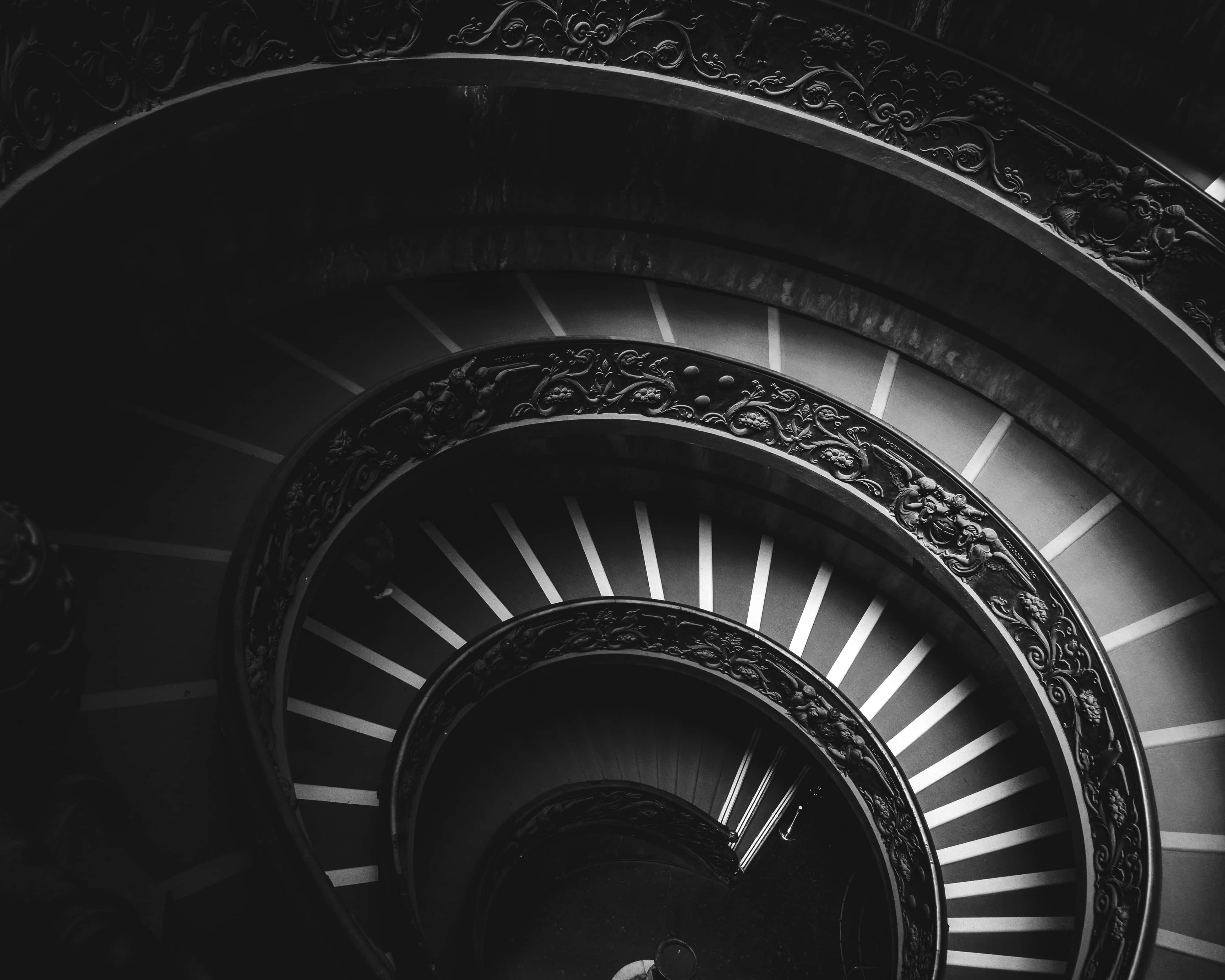 monochrome spiral staircase, black and white spiral staircase, ornate carvings, 4K Desktop Wallpaper