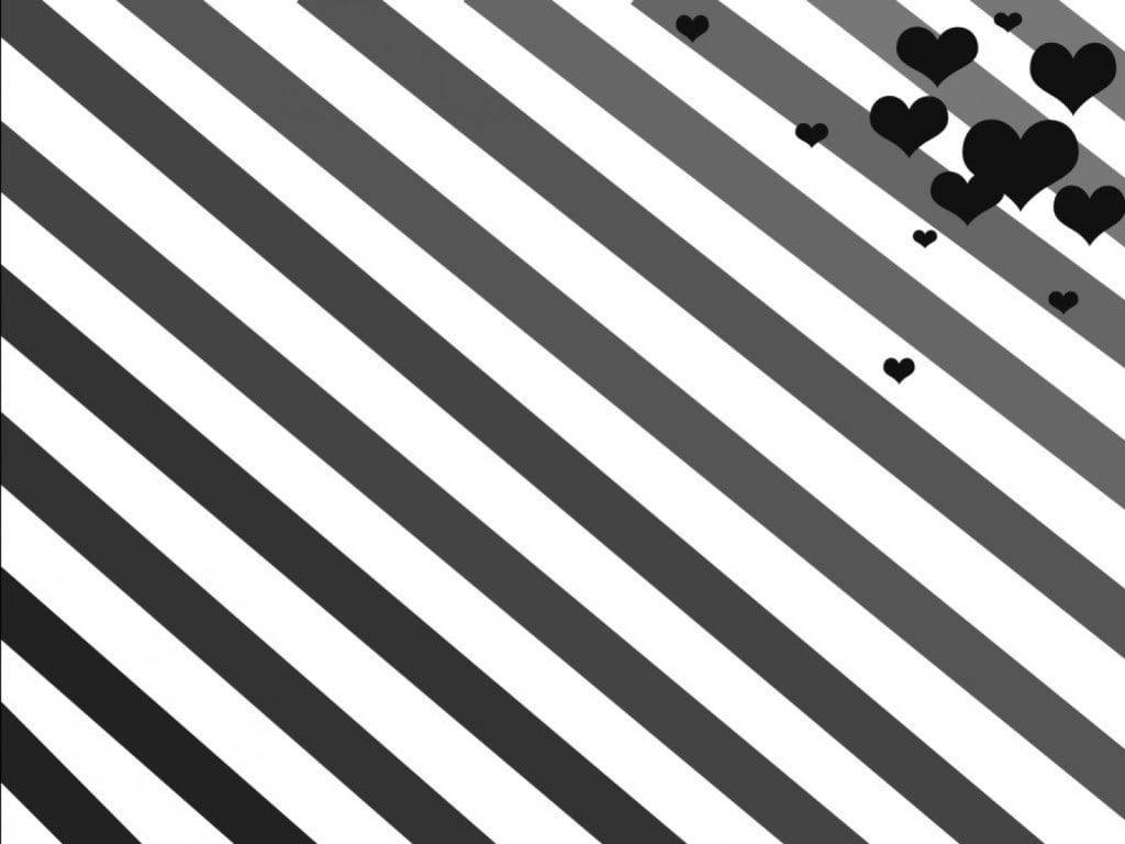 striped black and white heart, diagonal black and white stripes, scattered black hearts, SD Desktop Wallpaper