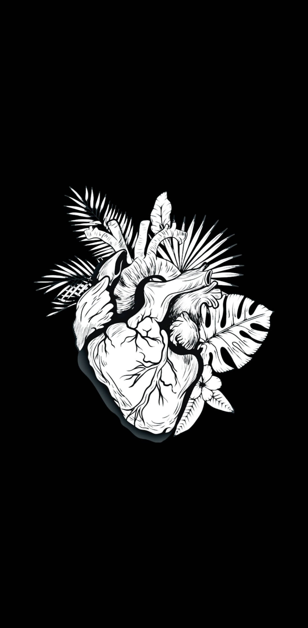 anatomical heart, tropical leaves, stark black background, Full HD Phone Wallpaper