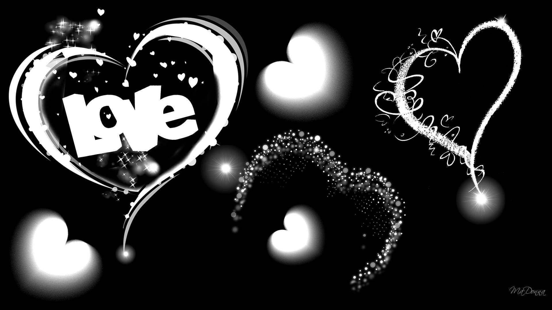 glowing white hearts, sparkling particles, black background, Full HD Desktop Wallpaper