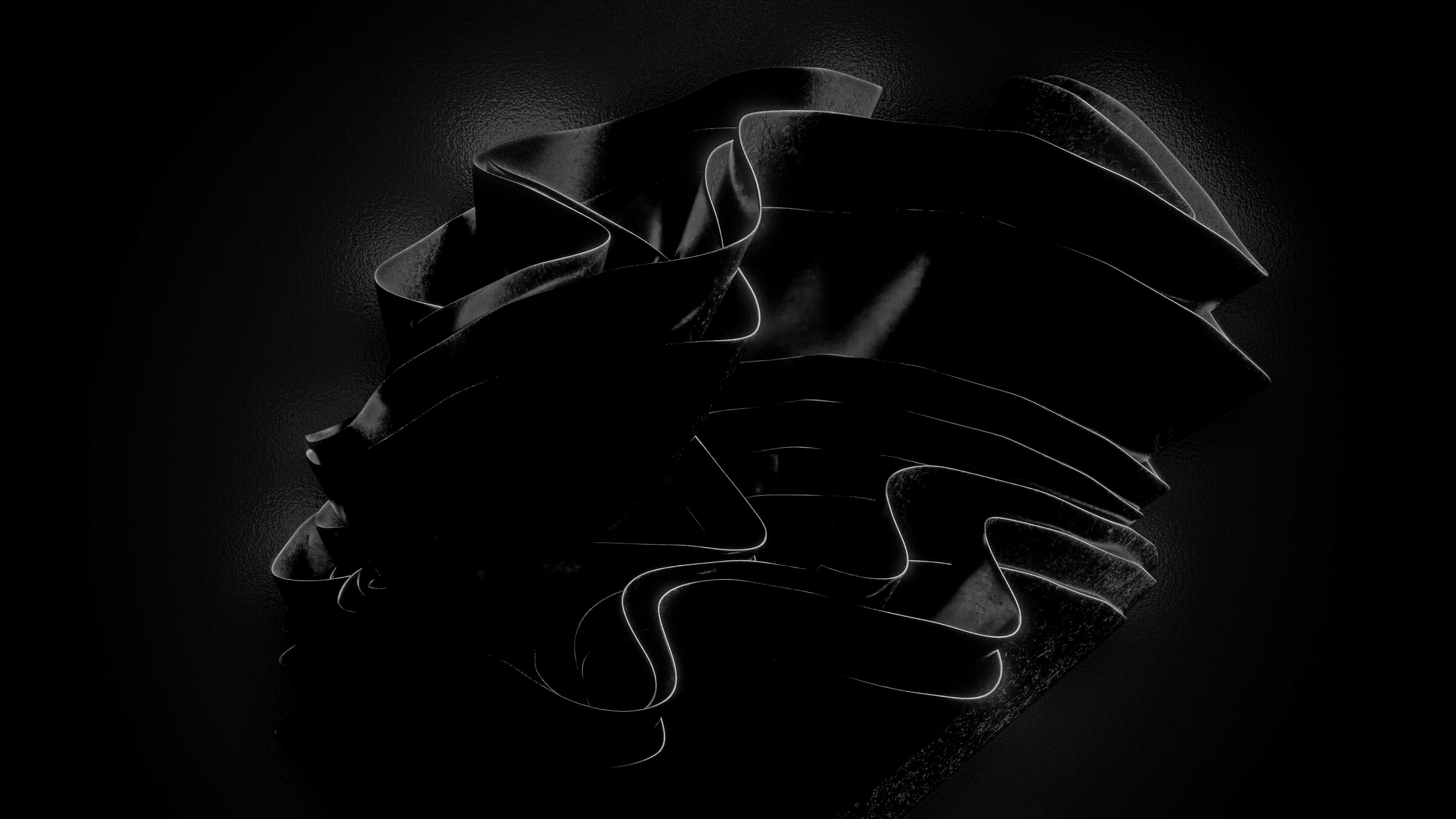 black fabric sculpture, glowing white edges, dark background, 4K Desktop Wallpaper
