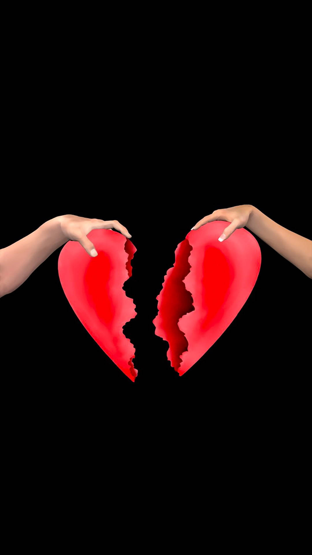 3D Broken Heart Black, bright red heart, stark black background, Full HD Phone Wallpaper