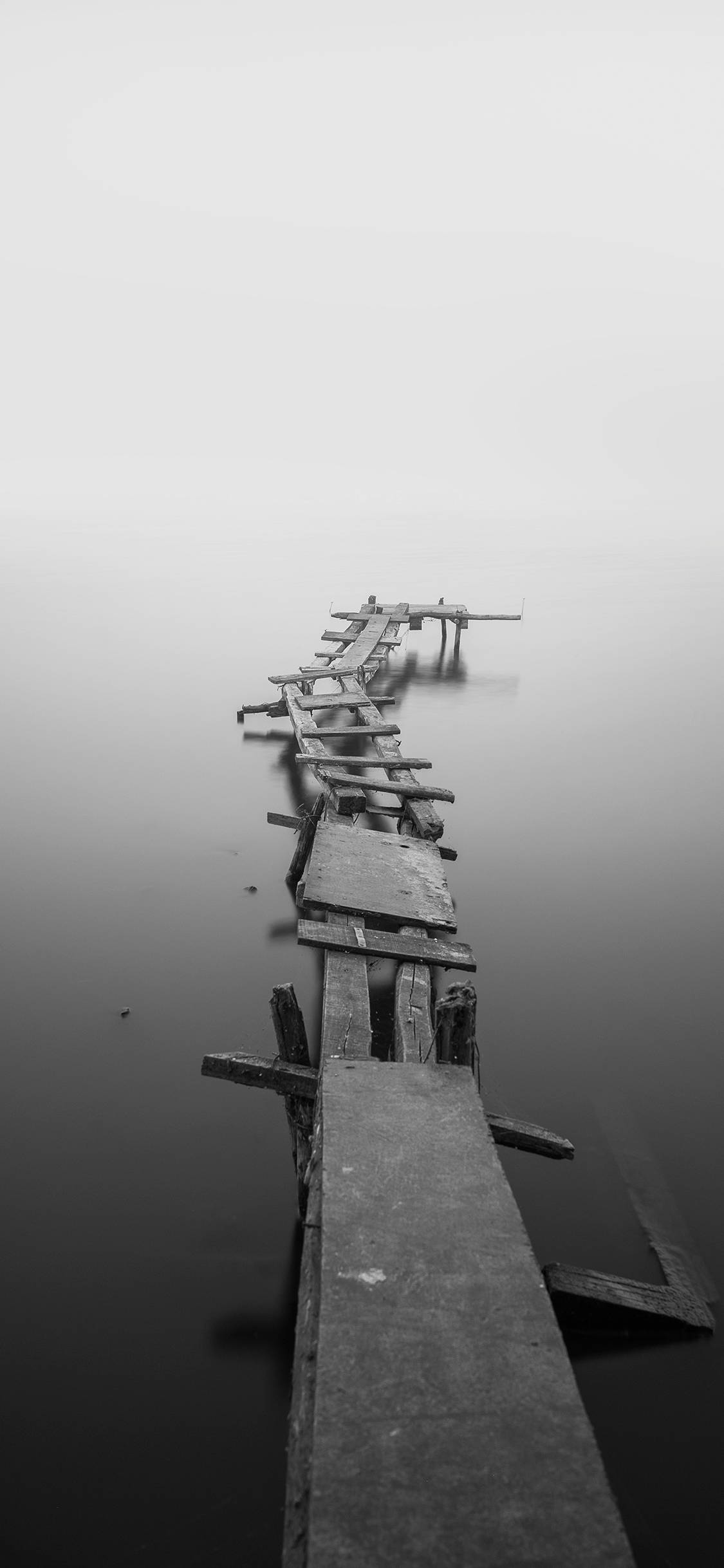 makeshift pier, weathered wooden pier, misty water, Full HD Phone Wallpaper