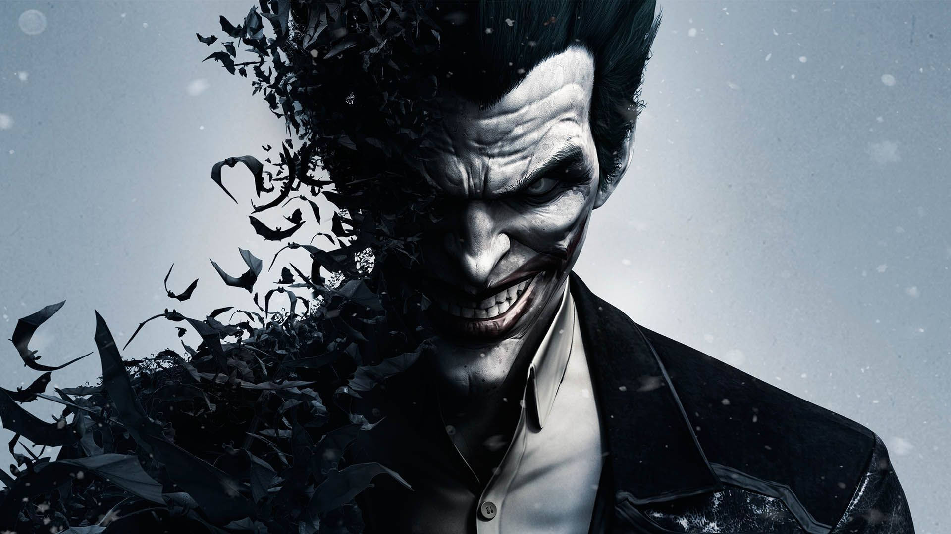 Joker, dark feathers, snowy gray backdrop, Full HD Desktop Wallpaper