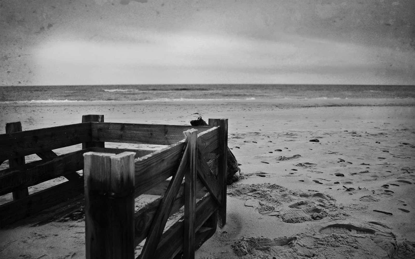 Black and White Landscape, weathered wooden fence, desolate beach, HD Desktop Wallpaper