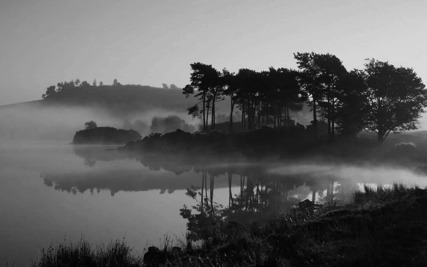 Black And White Landscape, misty dawn, calm lake, HD Desktop Wallpaper