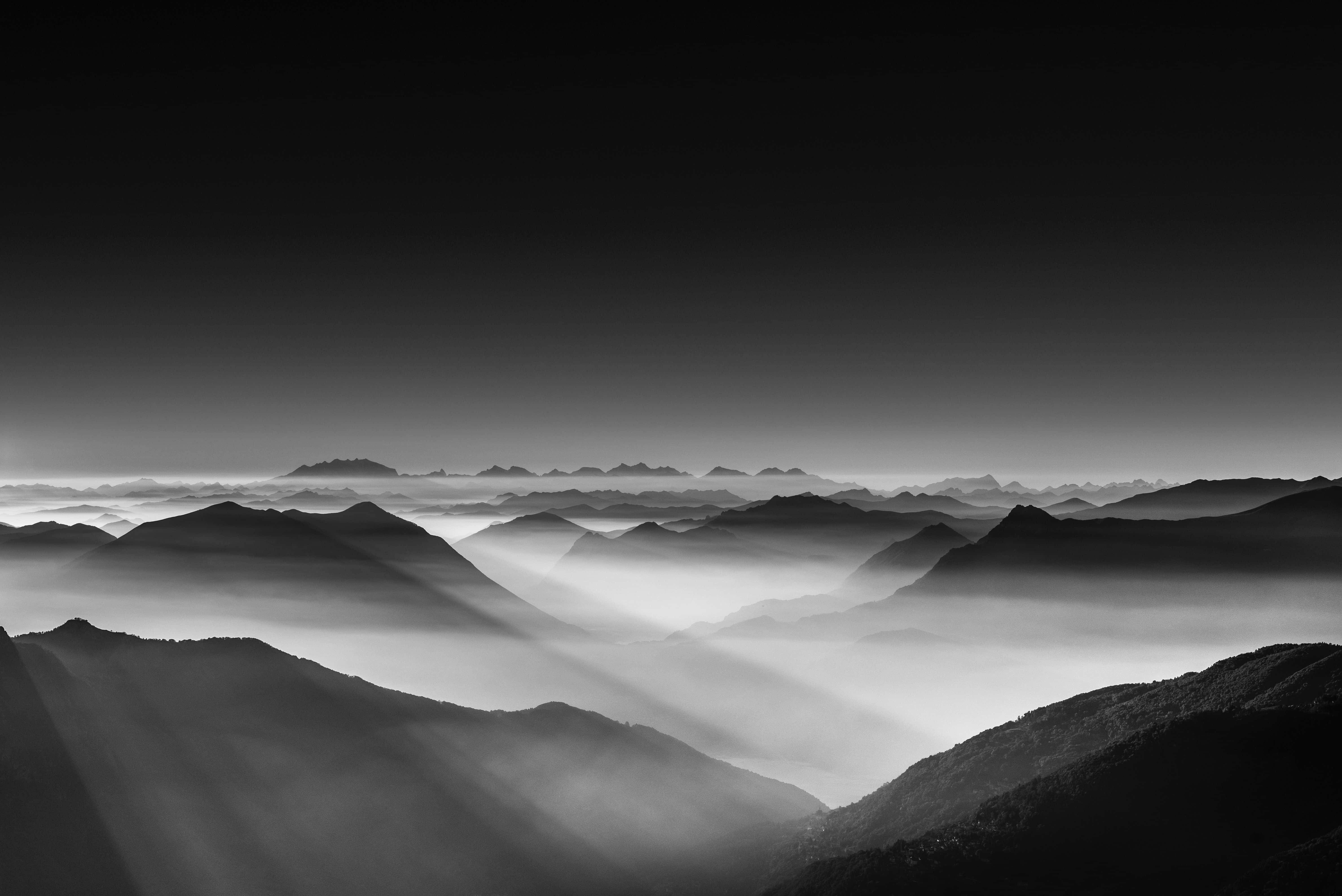 Black And White Landscape, mountain ridges, layered mist, 5K Desktop Wallpaper