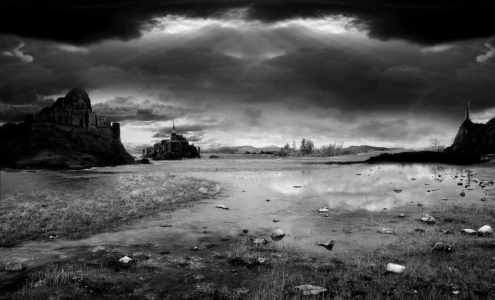 Black And White Landscape, ancient ruins, rocky outcrops, HD Desktop Wallpaper