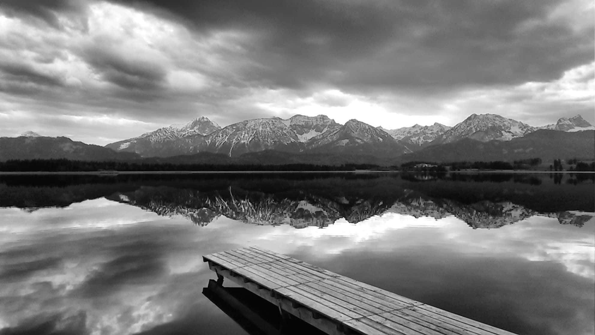 black and white landscape, monochrome lake, snow-capped mountains, Full HD Desktop Wallpaper