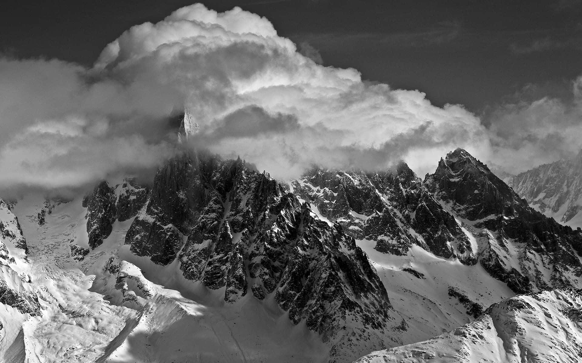 black and white landscape, mountain range, snow-capped peaks, Full HD Desktop Wallpaper