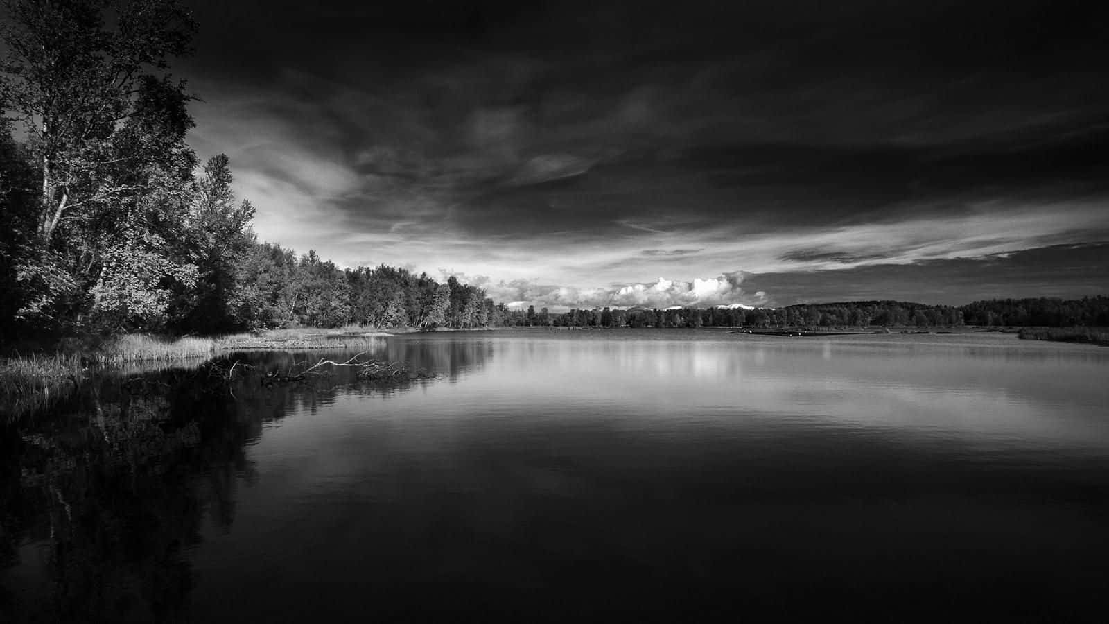 Black and White Landscape, lake, storm clouds, HD Desktop Wallpaper