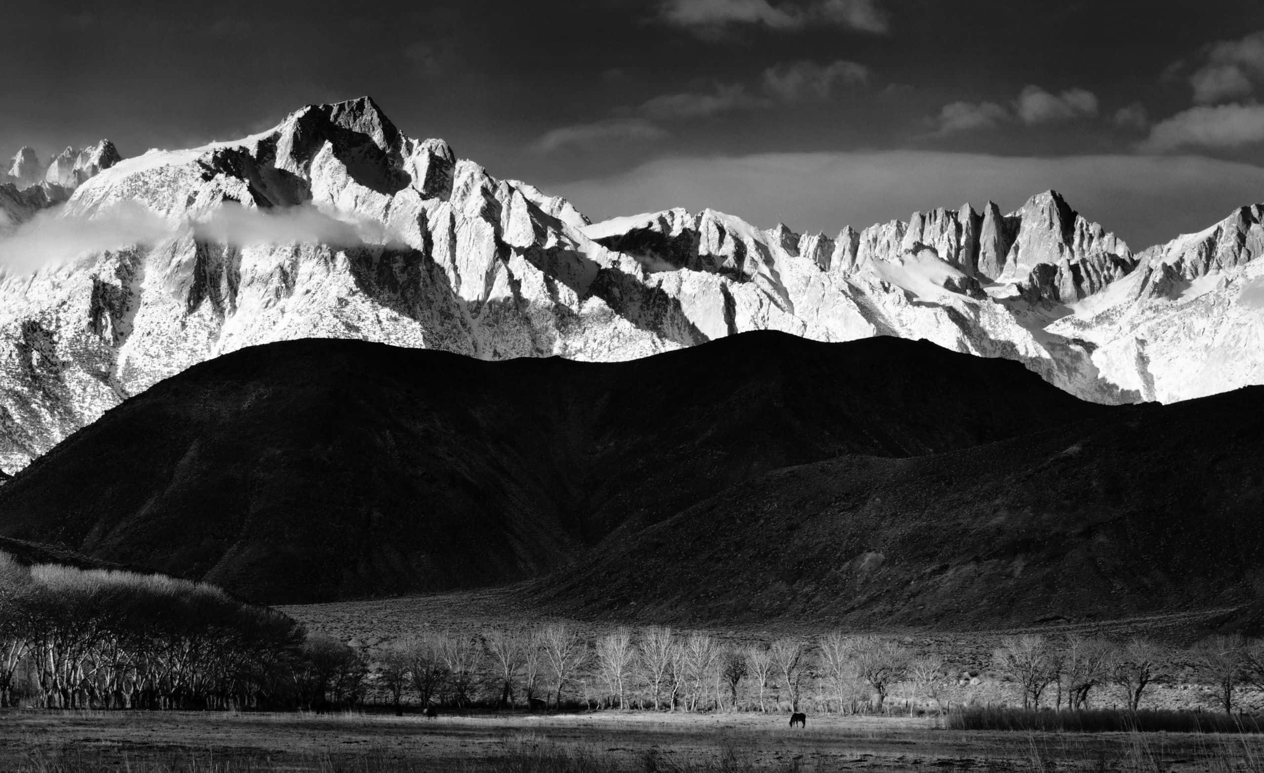 black and white landscape, snow-capped jagged mountains, dark rolling hills, 2K Desktop Wallpaper