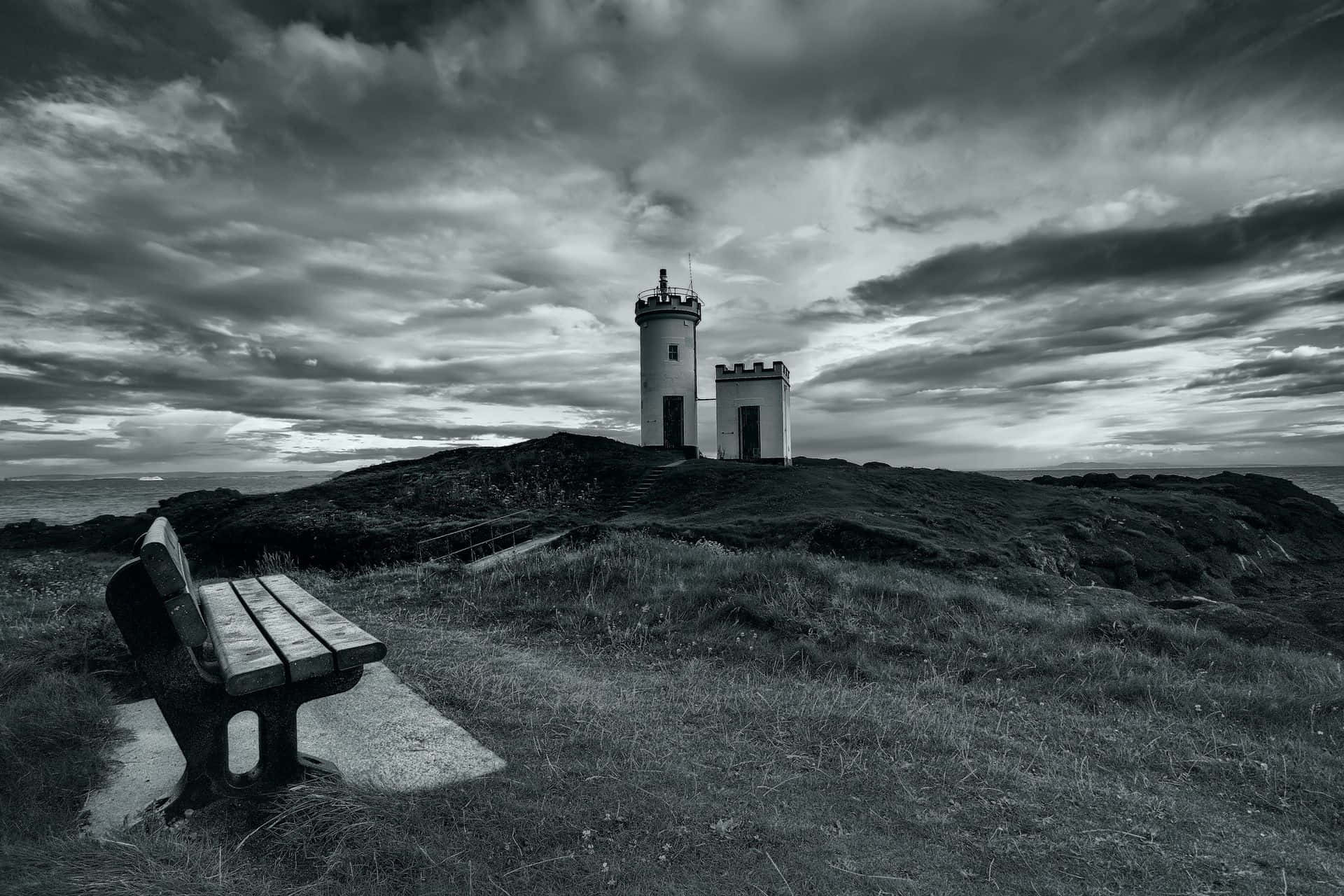 wooden bench, lighthouse, grassy cliff, Full HD Desktop Wallpaper