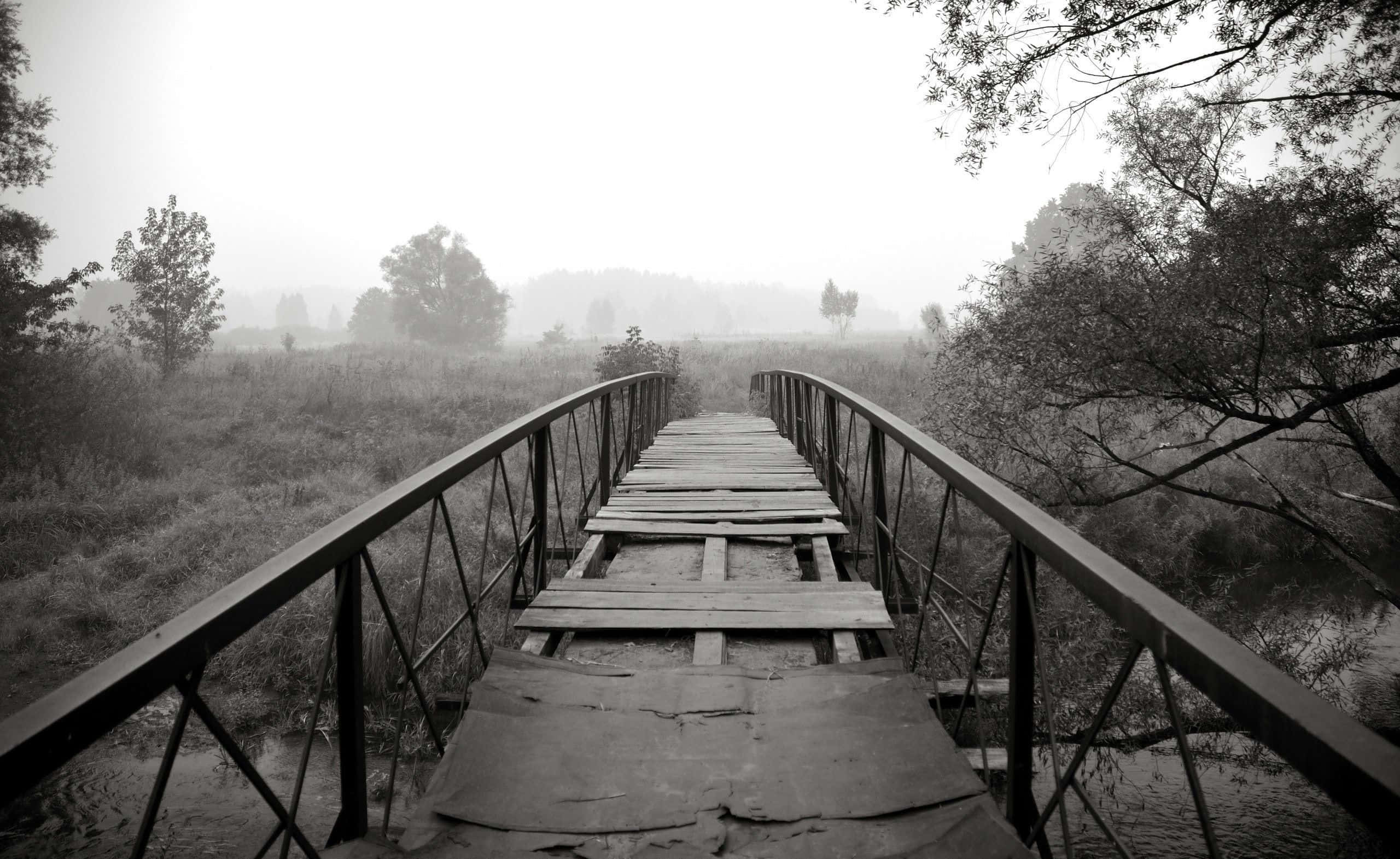 black and white landscape, weathered wooden bridge, metal railings, 2K Desktop Wallpaper