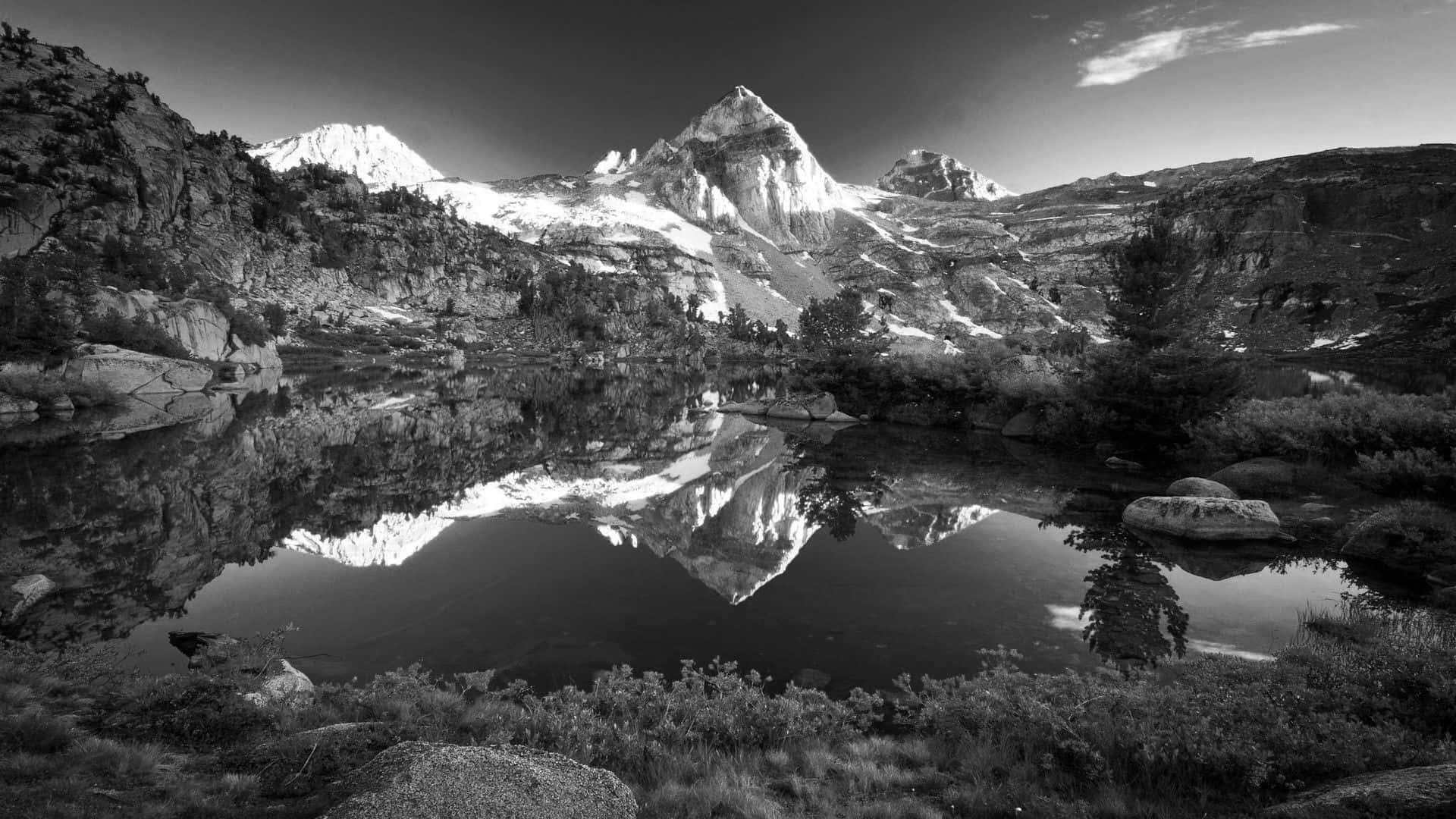 black and white landscape, mountain landscape, snow-capped peaks, Full HD Desktop Wallpaper