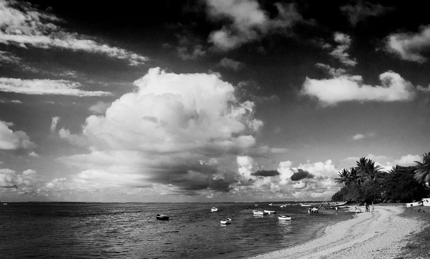 Black And White Landscape, coastal scene, boats, HD Desktop Wallpaper