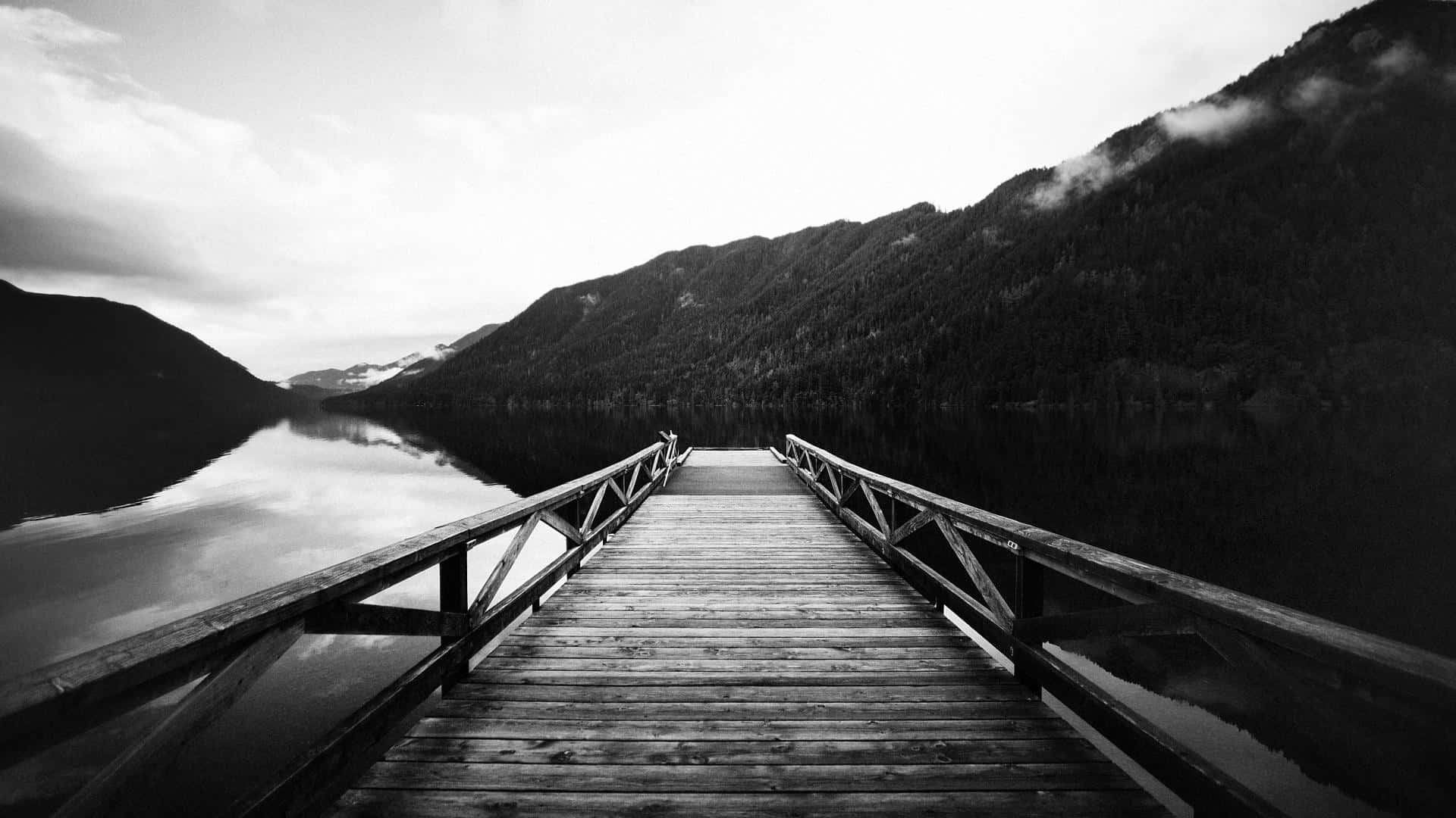 black and white wooden pier, calm lake, misty forested mountains, Full HD Desktop Wallpaper