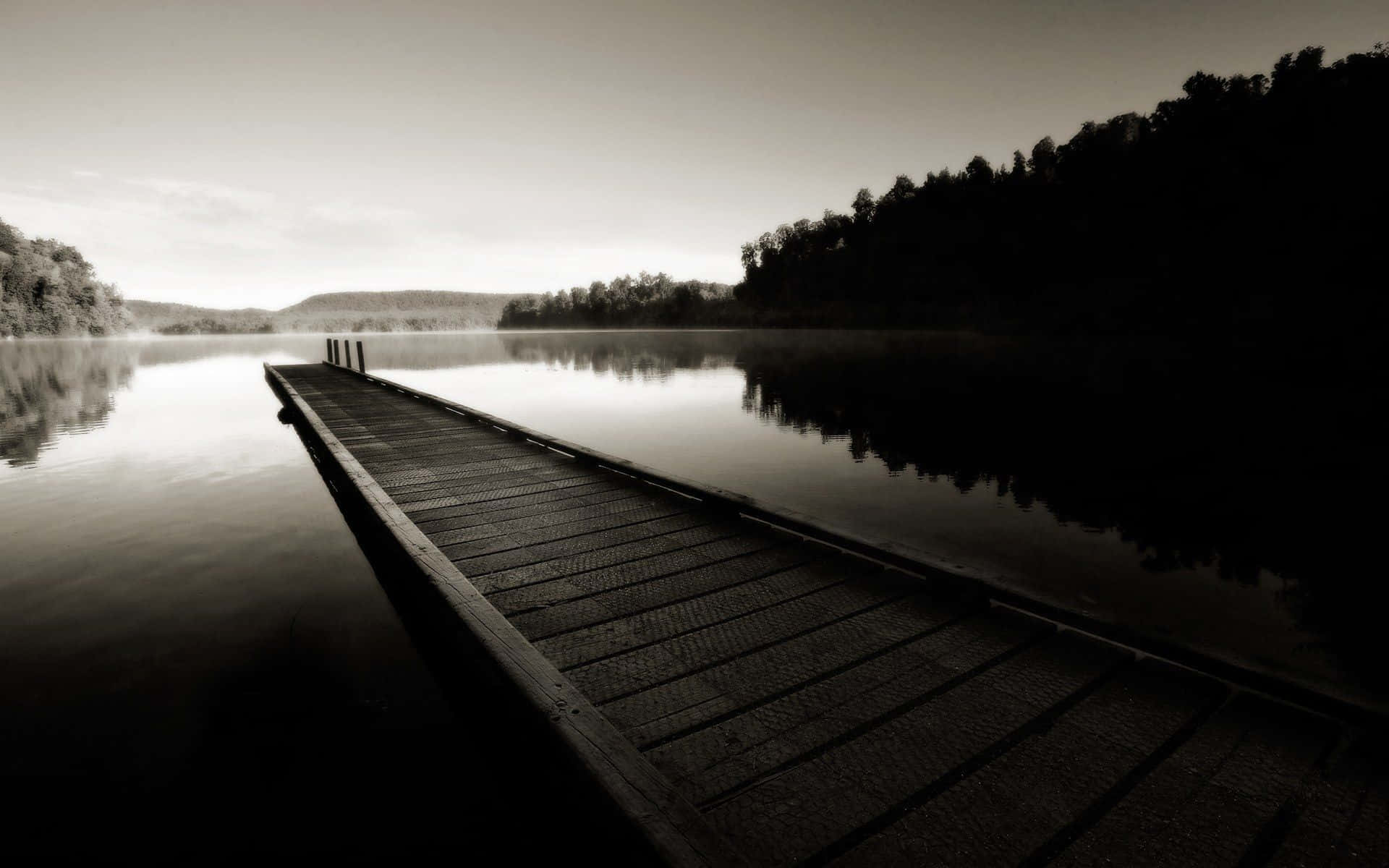 black and white landscape, long wooden dock, misty lake, Full HD Desktop Wallpaper