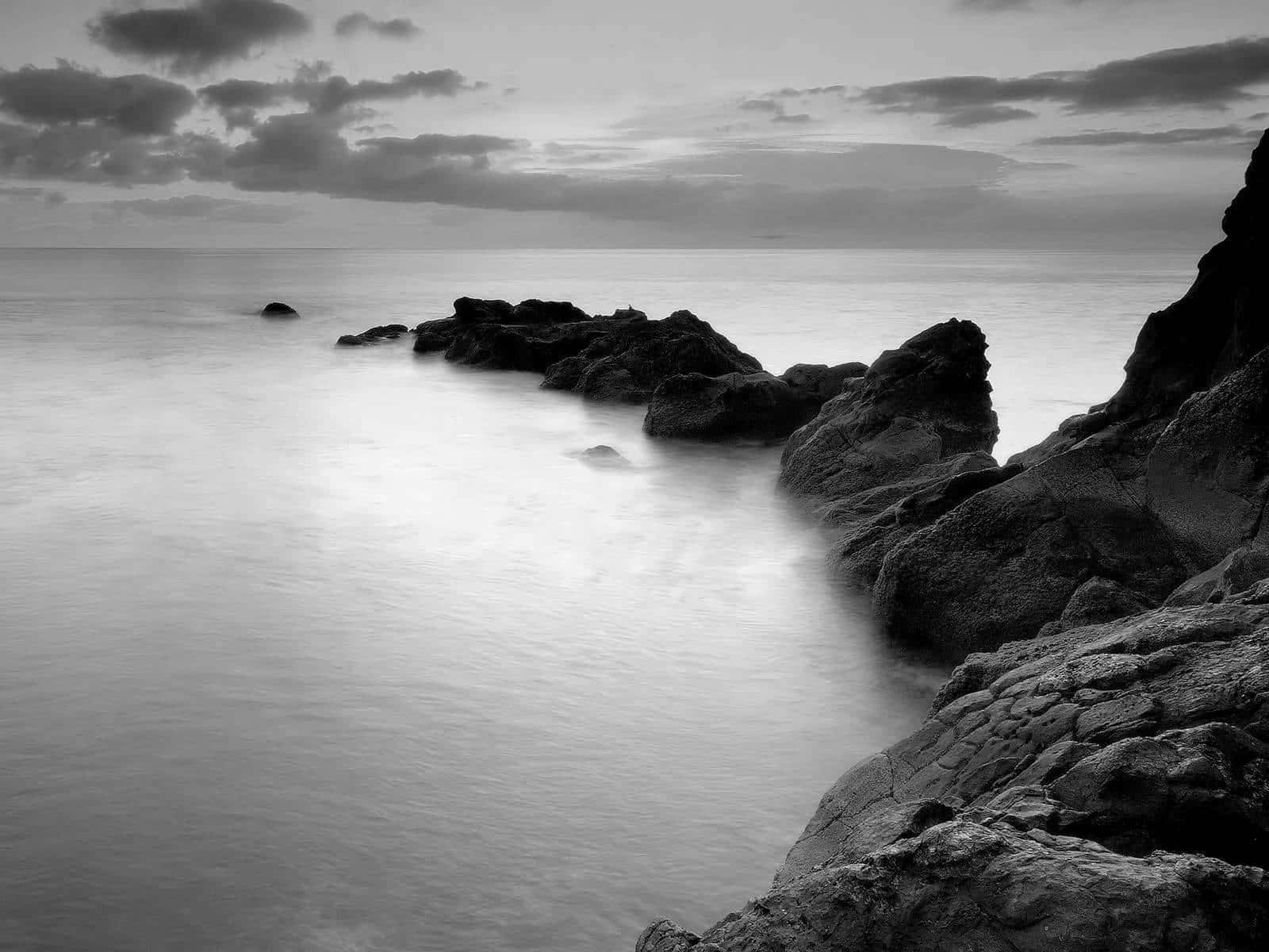 black and white landscape, monochrome seascape, smooth water, HD Desktop Wallpaper