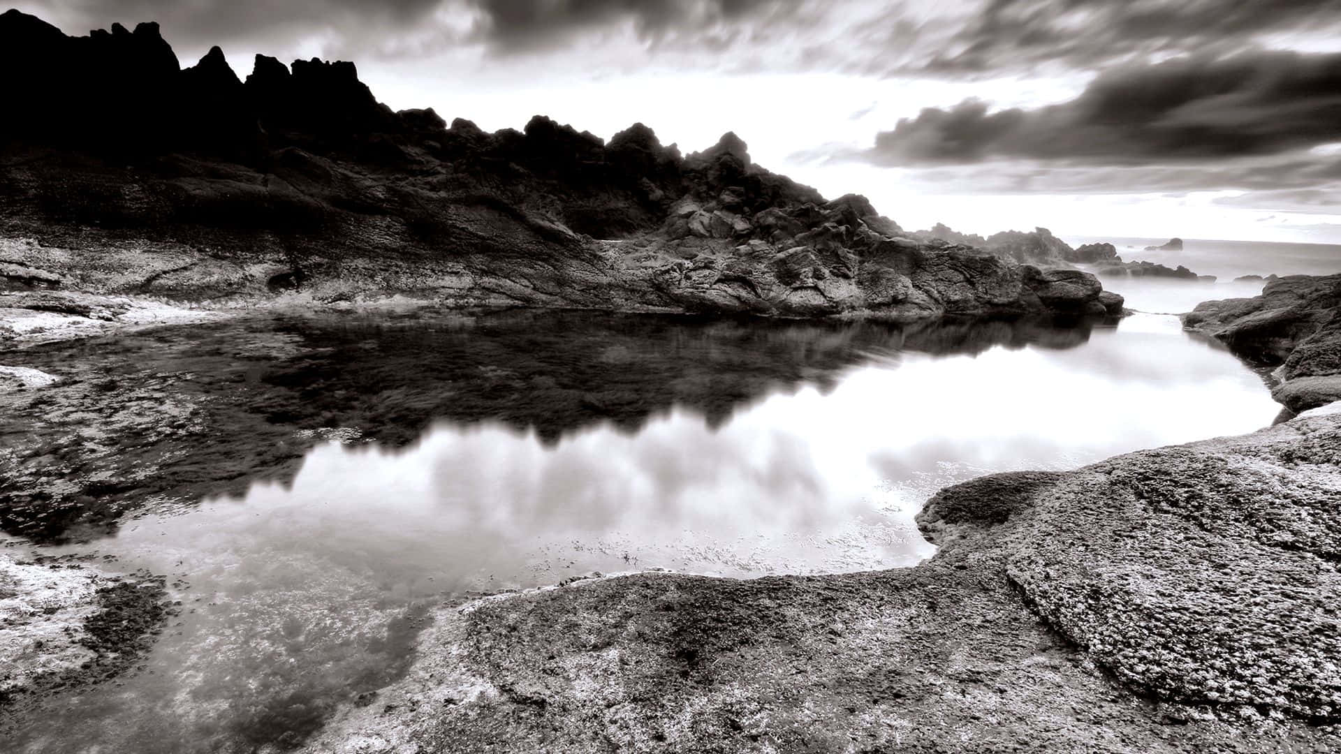 Black And White Landscape, jagged cliffs, still tidal pool, Full HD Desktop Wallpaper