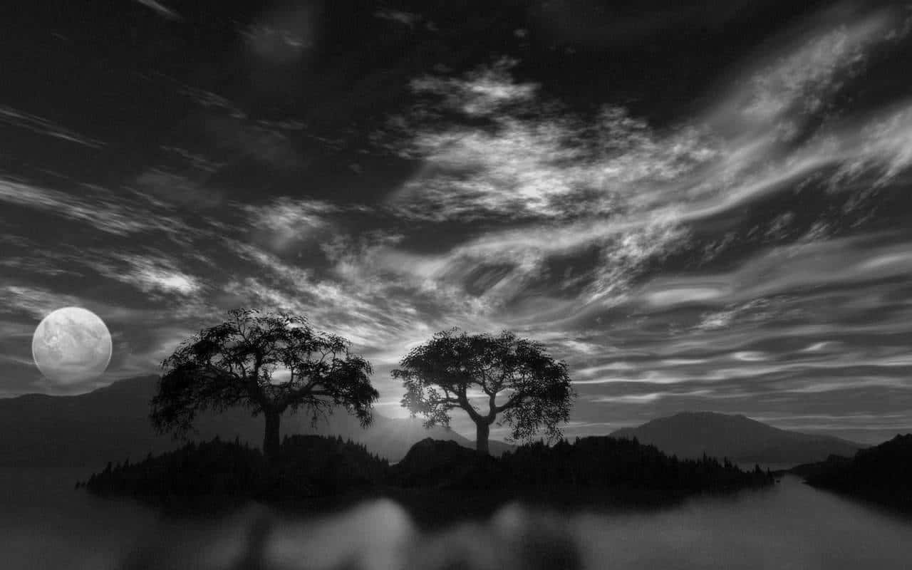 Black and White Nature Landscape, silhouetted trees, small islands, HD Desktop Wallpaper