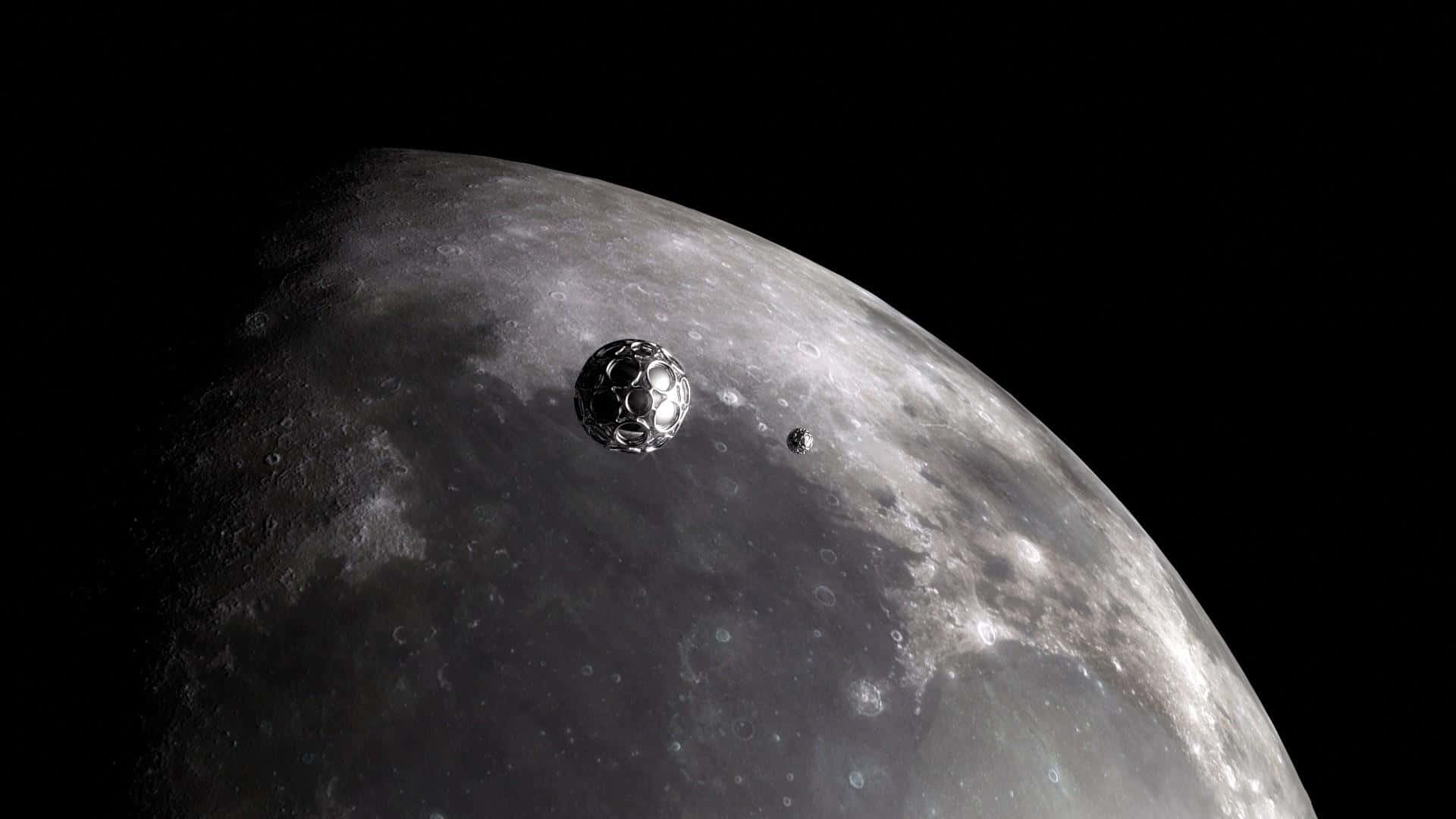 futuristic spherical spacecraft, cratered moon, blackness of space, Full HD Desktop Wallpaper
