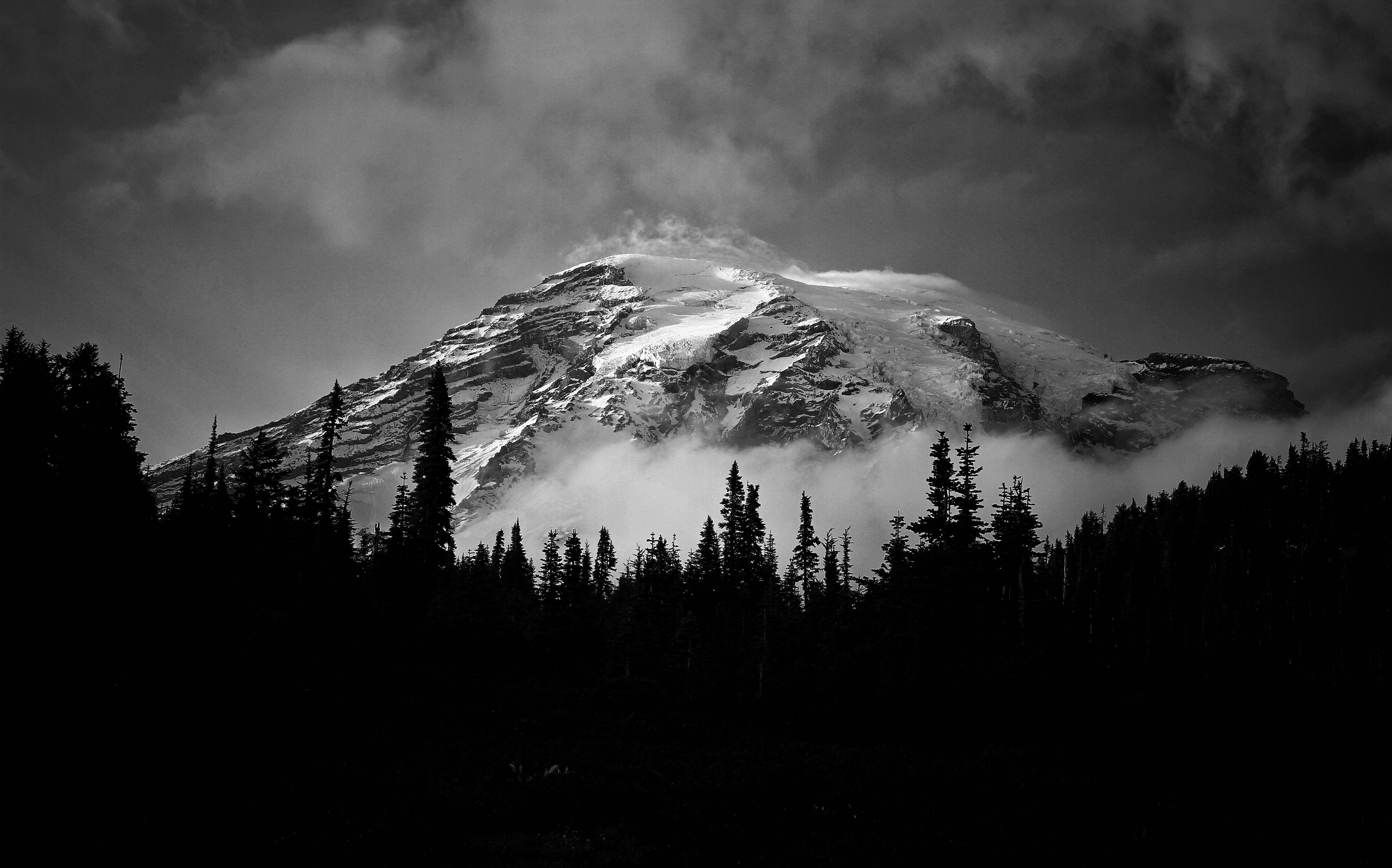 snow-capped mountain, storm clouds, dense forest, 5K Desktop Wallpaper