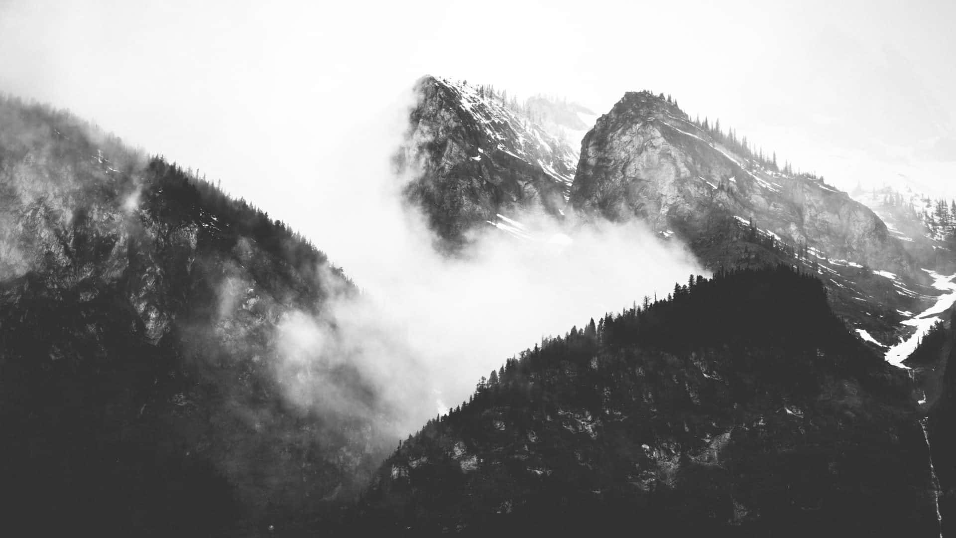 black and white photo, mountains, clouds, Full HD Desktop Wallpaper