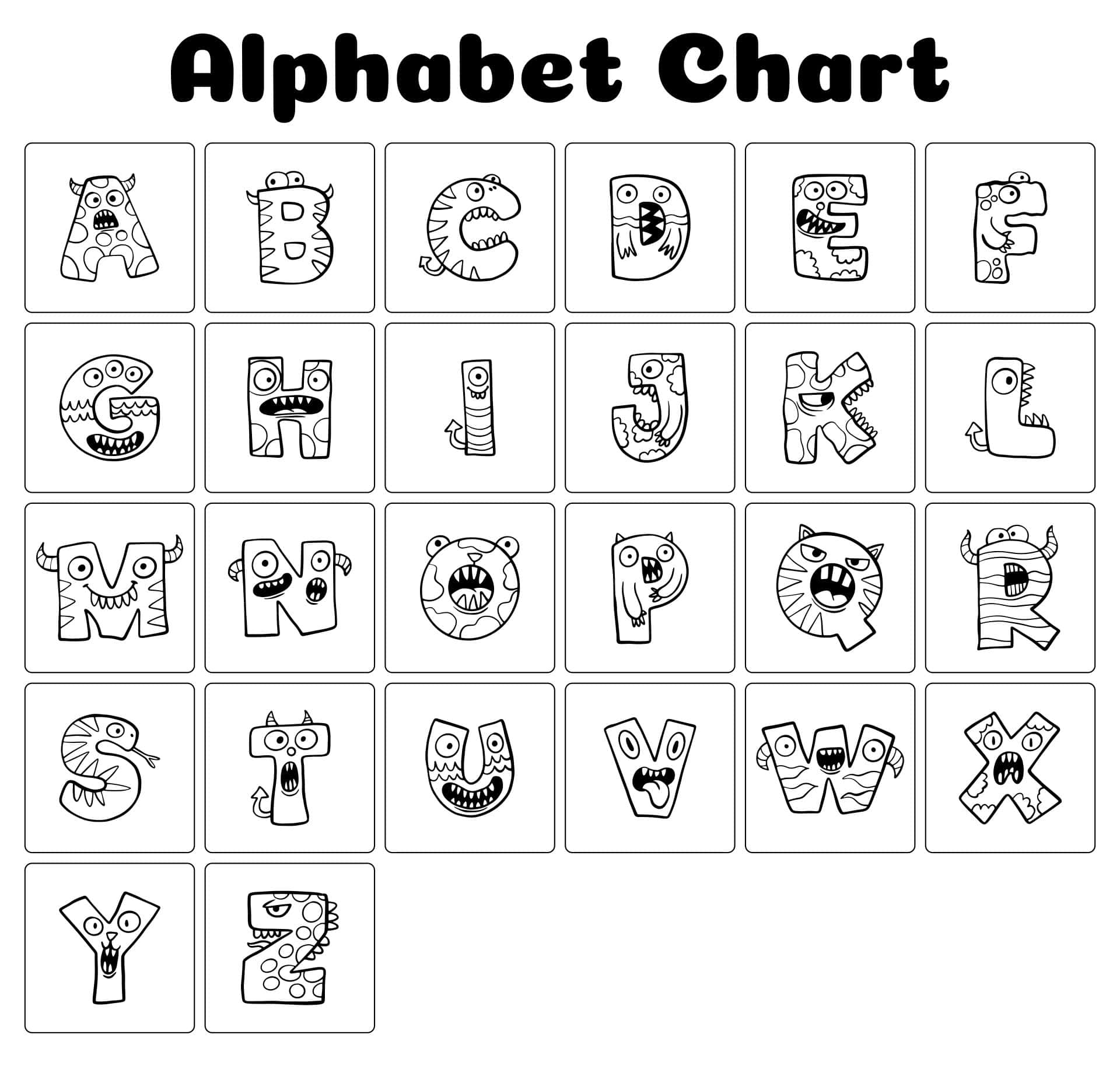 Black And White Letter, alphabet chart, cartoon monster, Full HD Desktop Wallpaper