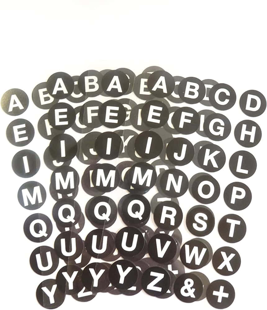 black circular stickers, white uppercase letters, symbols, SD Phone Wallpaper