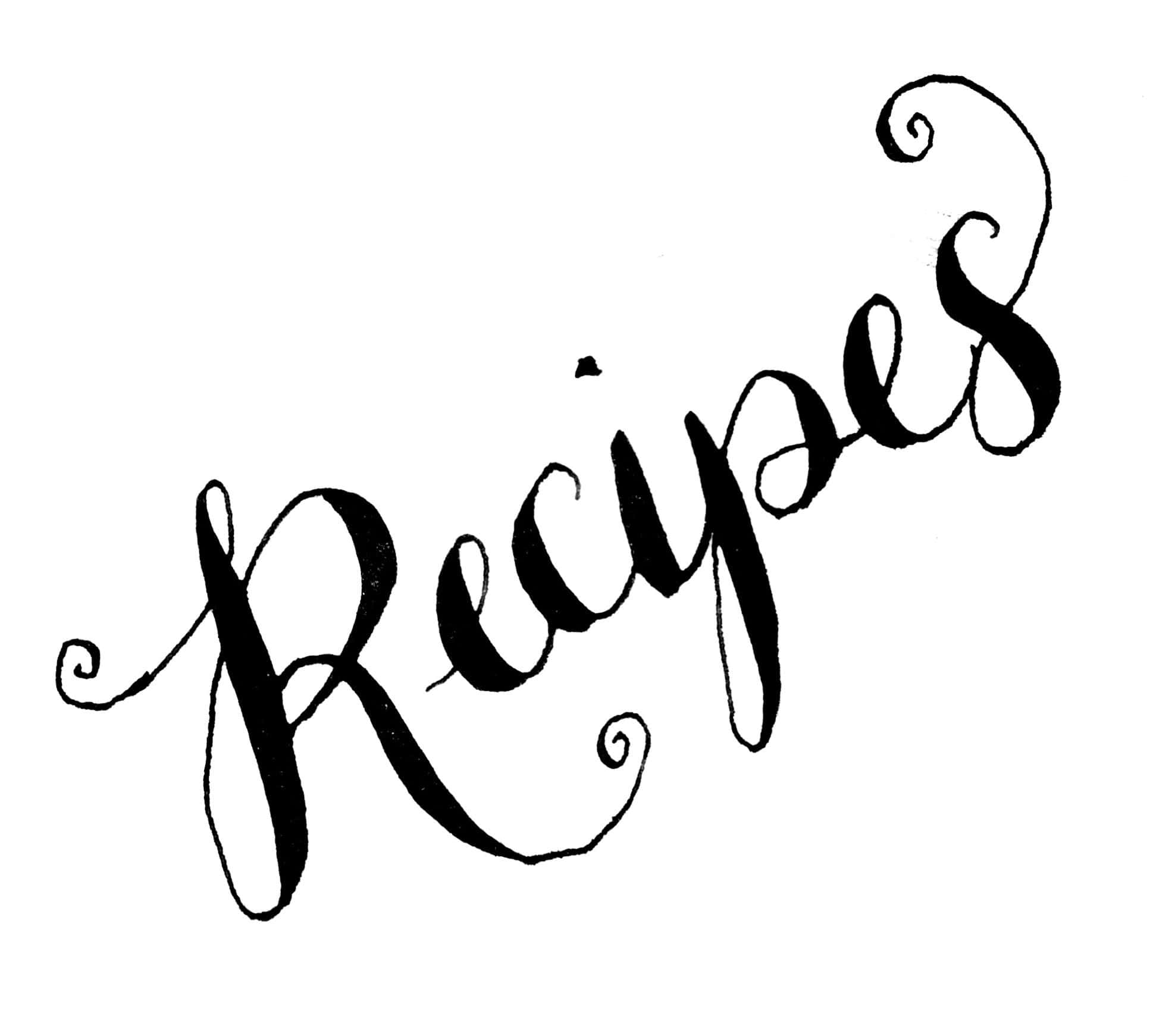 black cursive word 'Recipes', plain white background, flourishes, Full HD Desktop Wallpaper