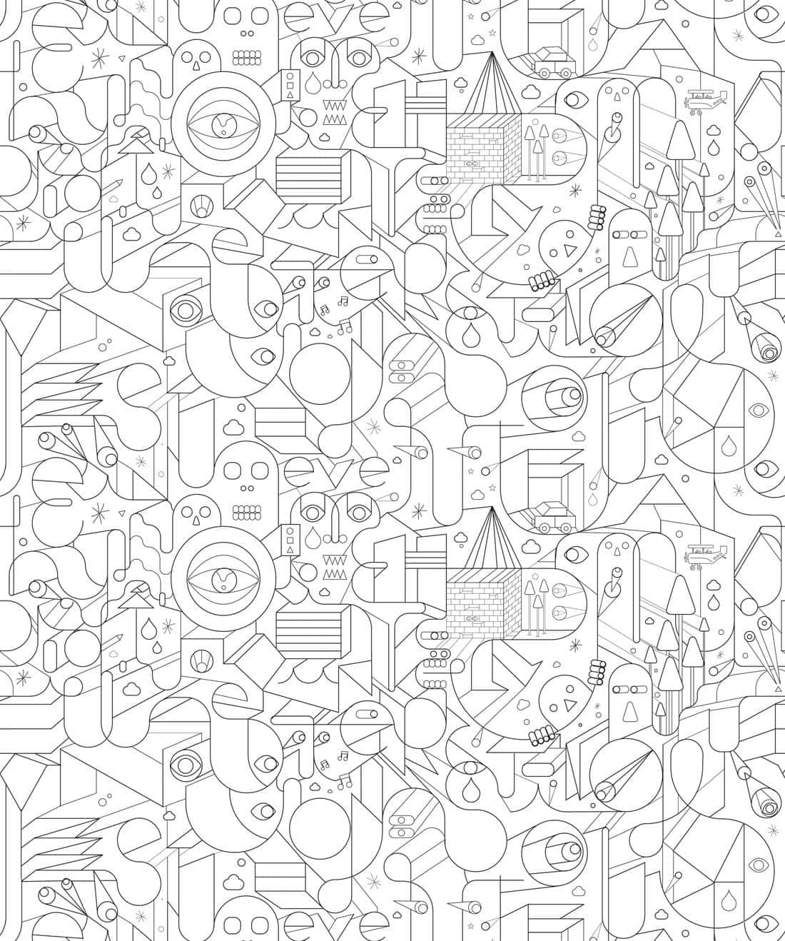 black and white line art pattern, abstract geometric shapes, surreal symbols, HD Phone Wallpaper