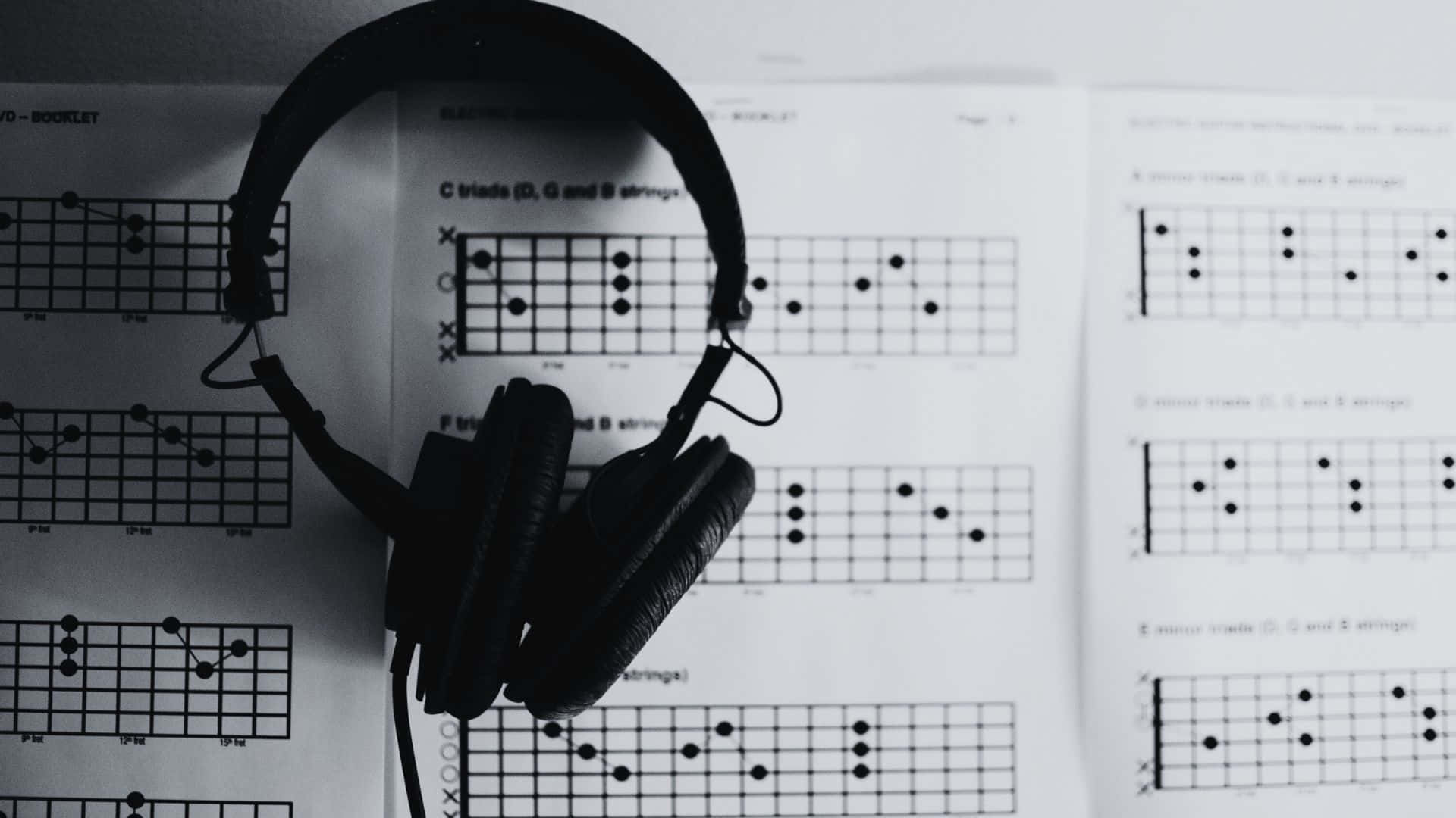 black and white music, over-ear headphones, guitar chord diagrams, Full HD Desktop Wallpaper