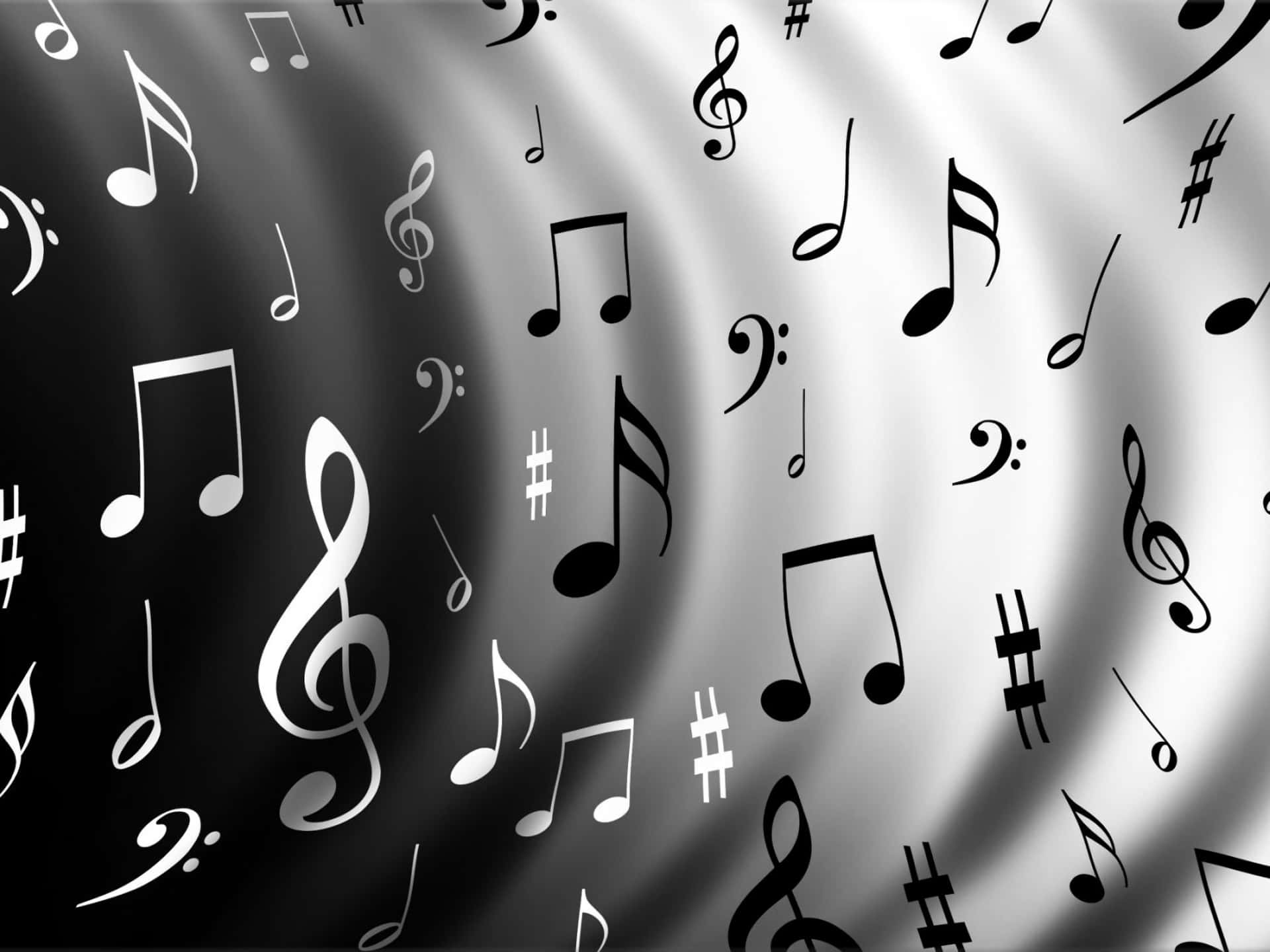 music notes, black and white background, rippling fabric-like surface, Full HD Desktop Wallpaper