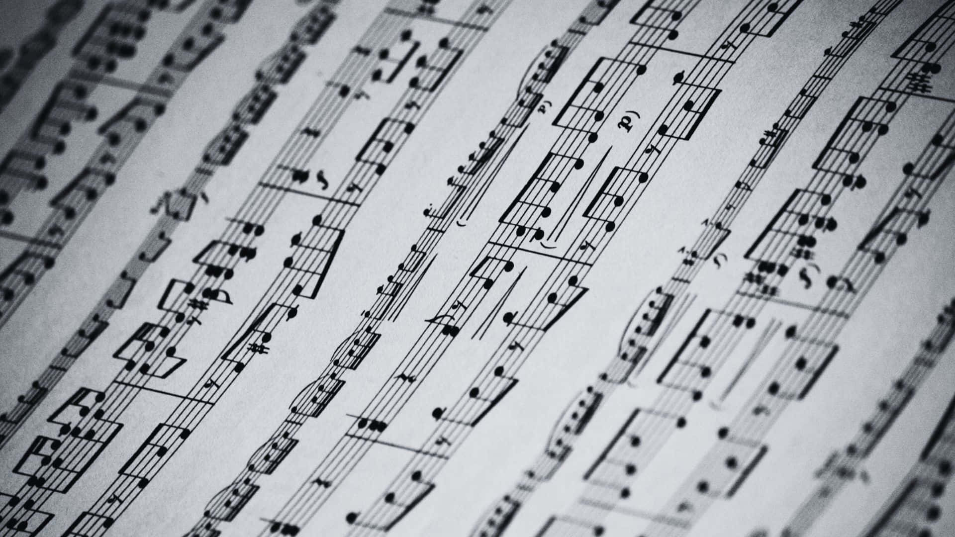 Black and White Music, piano keyboard, black musical notation, Full HD Desktop Wallpaper