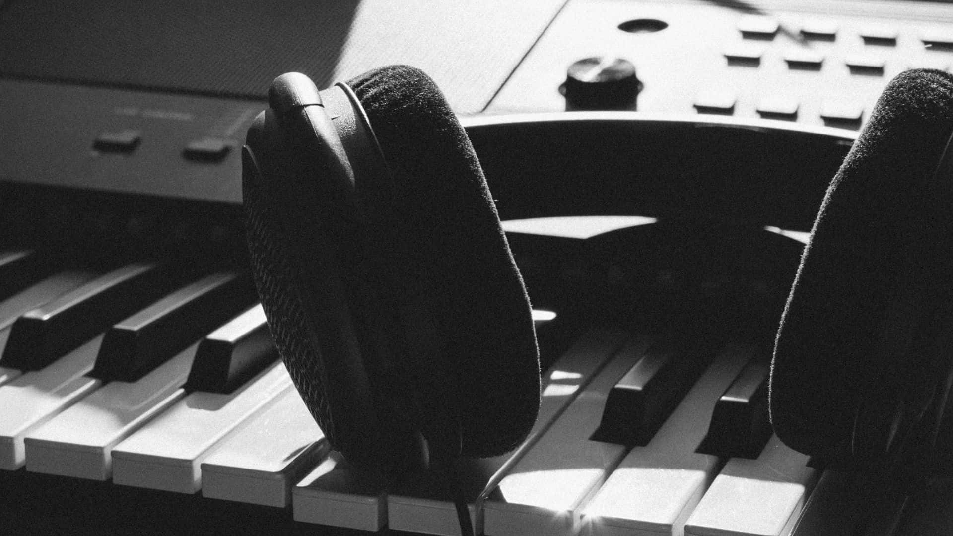 Black and White, over-ear headphones, keyboard, Full HD Desktop Wallpaper