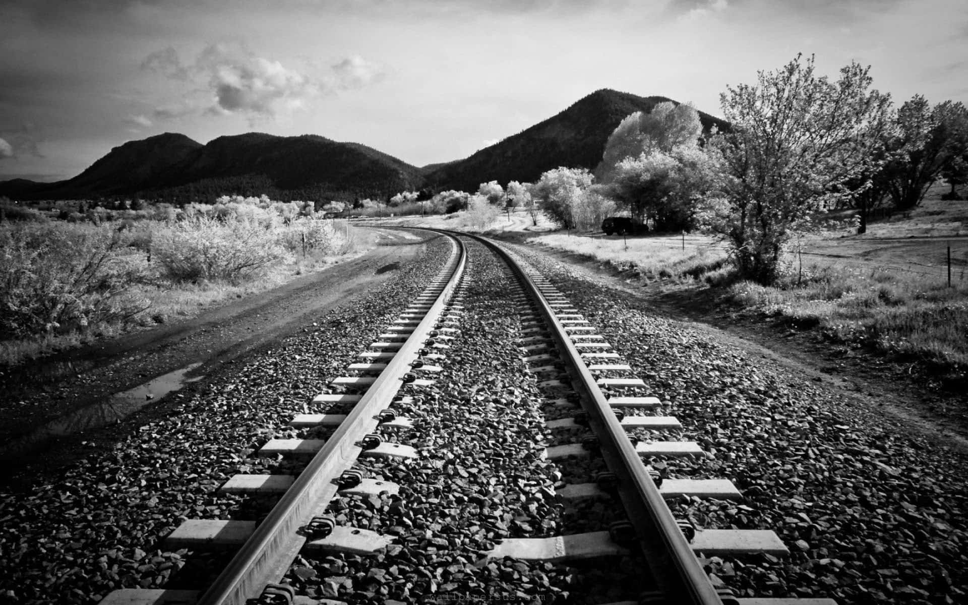 black and white infrared photo, railway tracks, desert landscape, Full HD Desktop Wallpaper