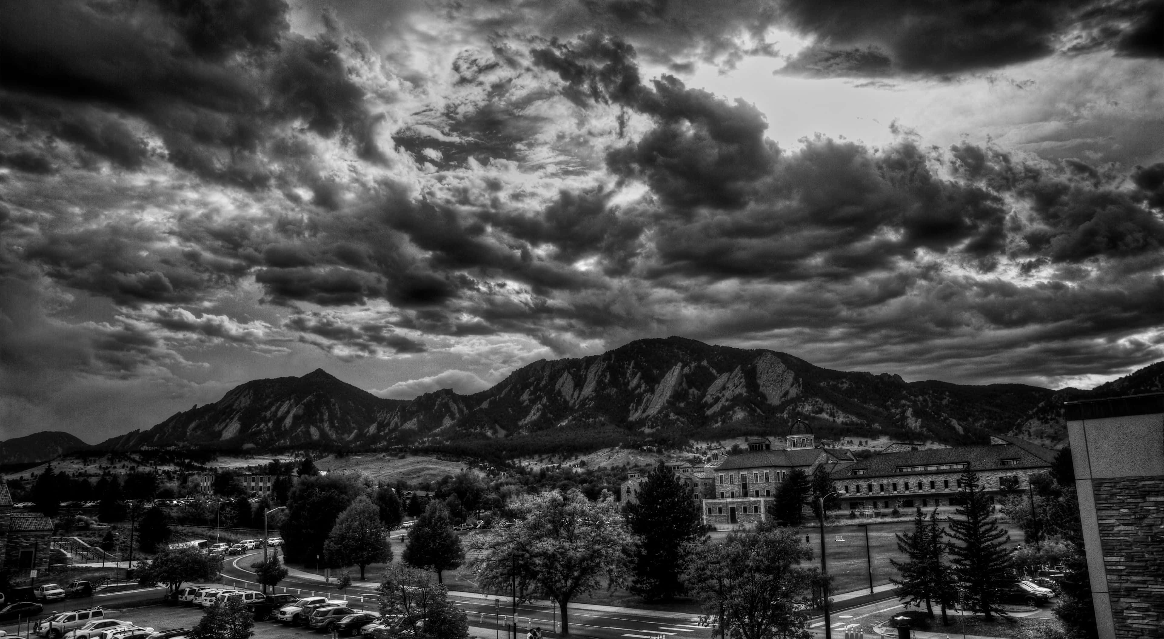 black and white nature, monochromatic nature landscape, town, 4K Desktop Wallpaper