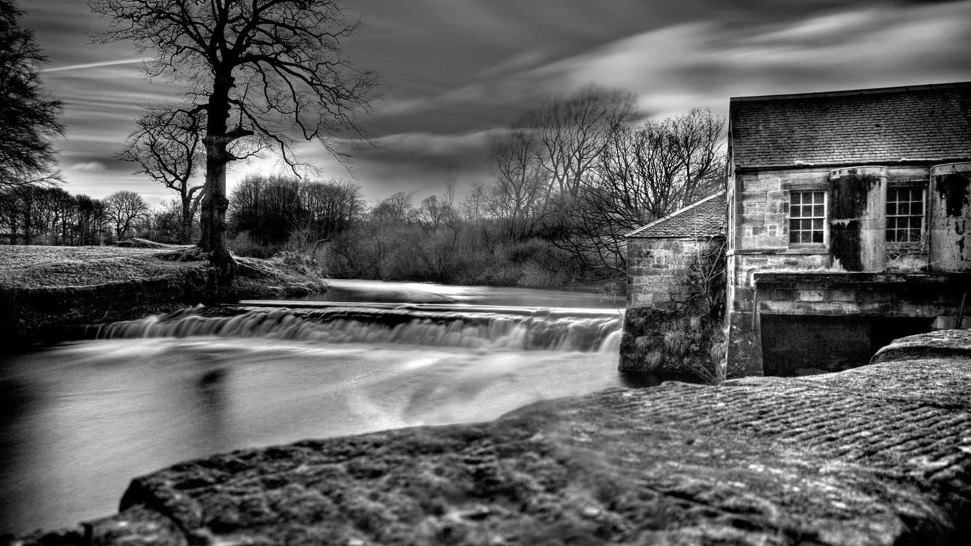 monochrome, long-exposure shot, rushing river, Full HD Desktop Wallpaper