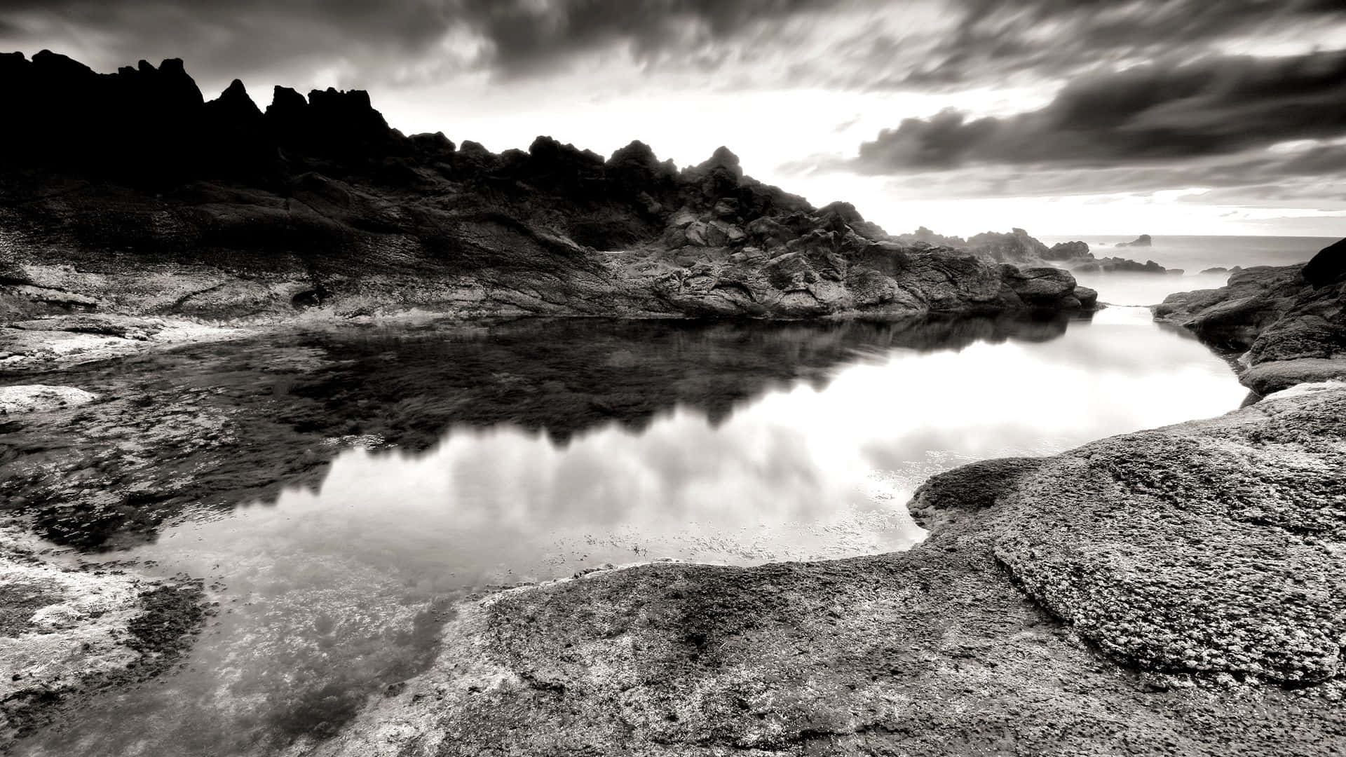 black and white nature, jagged rocks, calm reflective pool, Full HD Desktop Wallpaper