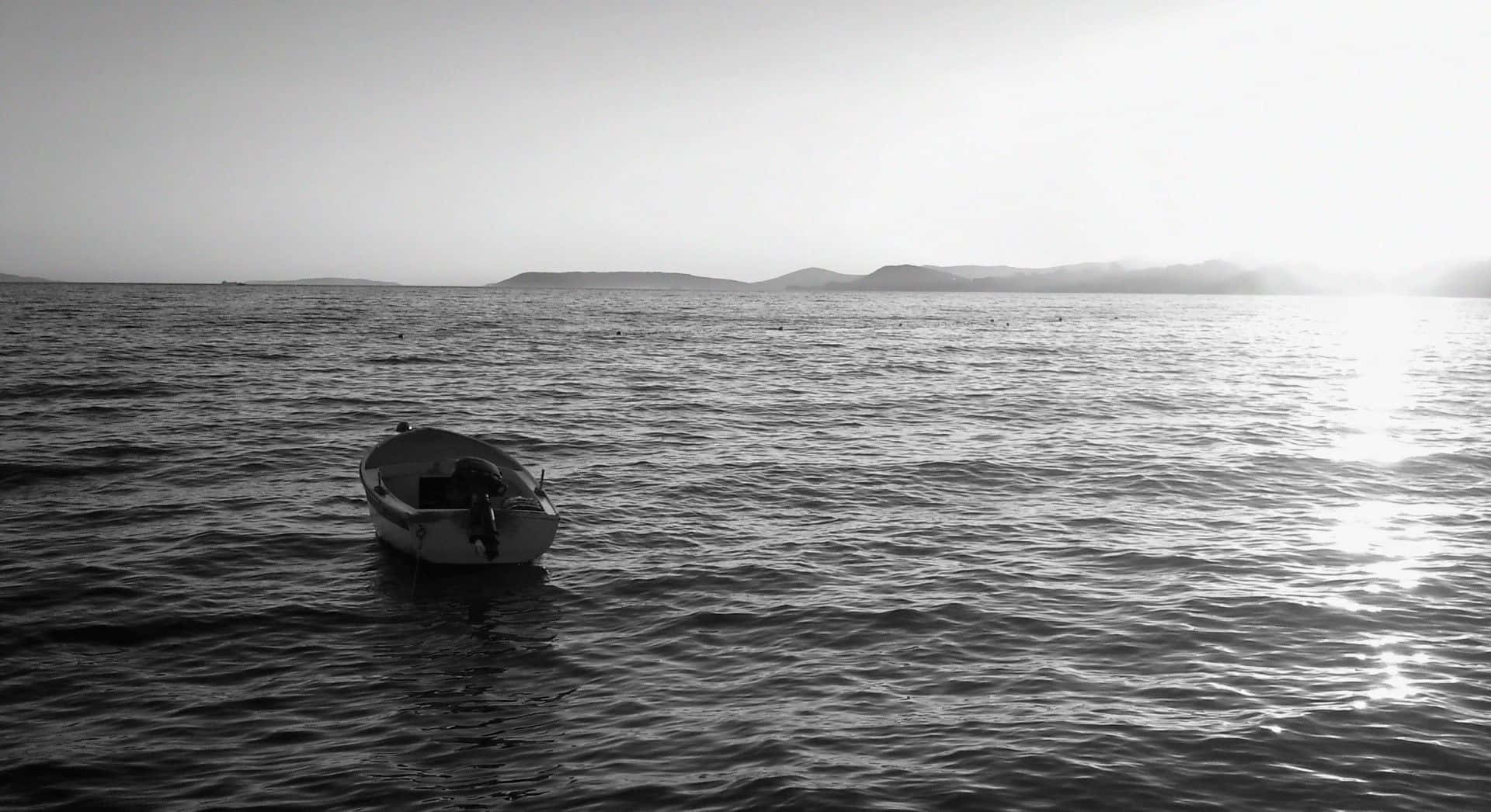 black and white nature, lone small boat, calm waters, Full HD Desktop Wallpaper