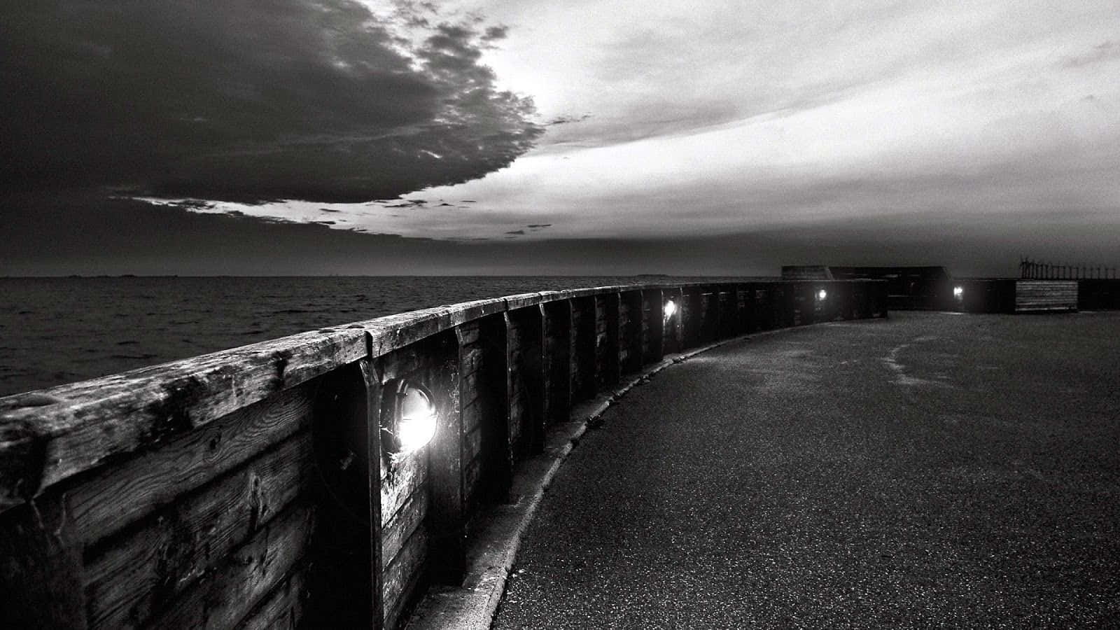 black and white landscape, curved pier, dusk, HD Desktop Wallpaper