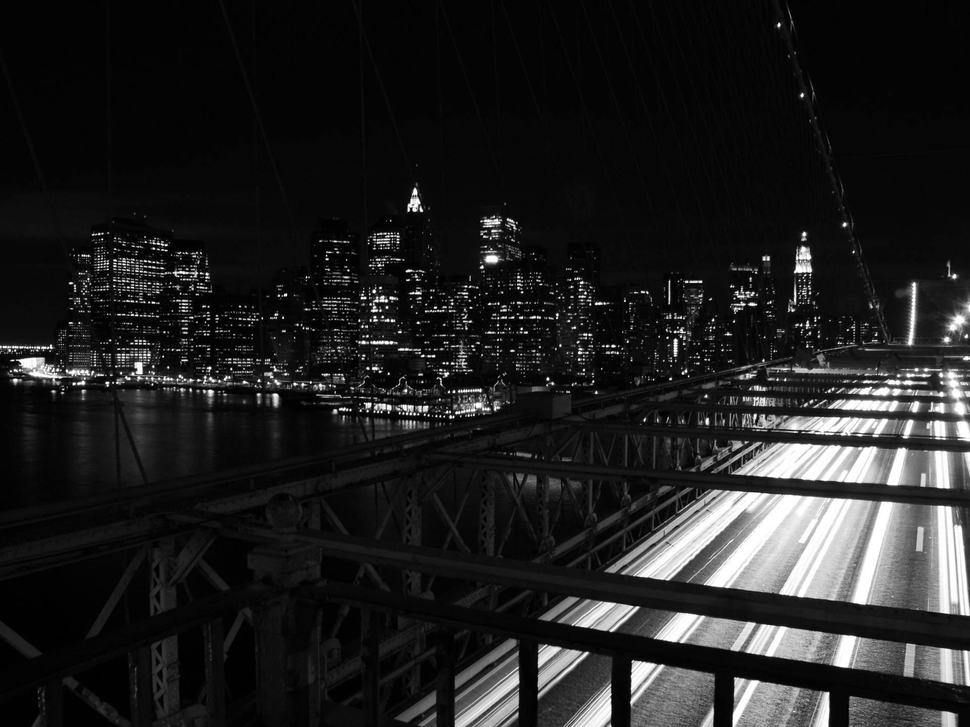 Black And White New York, bridge, night view, Full HD Desktop Wallpaper