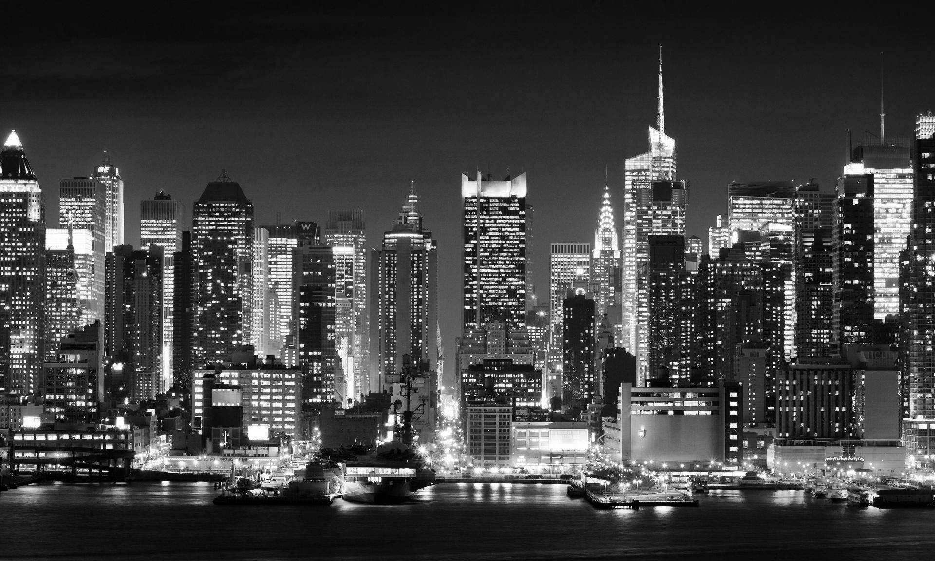 Black And White New York, nighttime cityscape, towering skyscrapers, Full HD Desktop Wallpaper