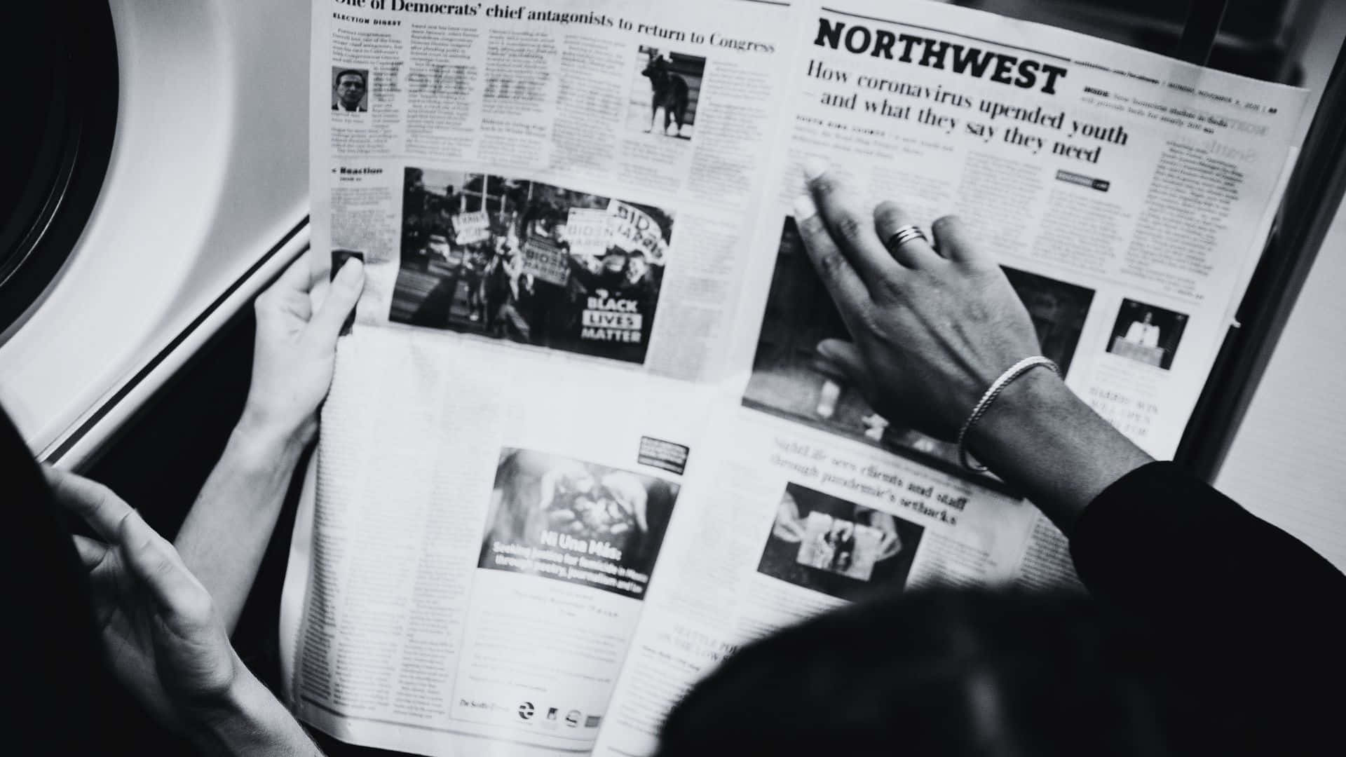 black and white newspaper, wooden table, hands, Full HD Desktop Wallpaper