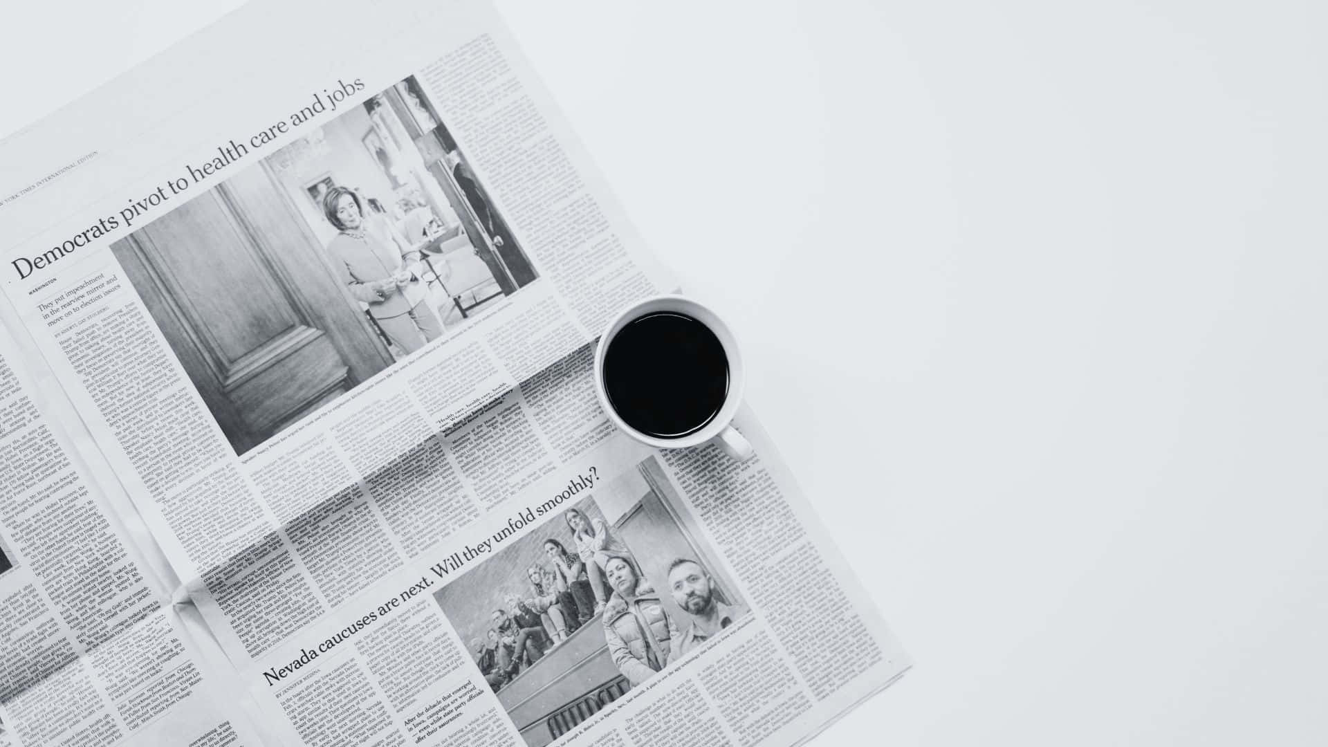 black coffee cup, newspaper headlines about politics, minimalist white surface, Full HD Desktop Wallpaper