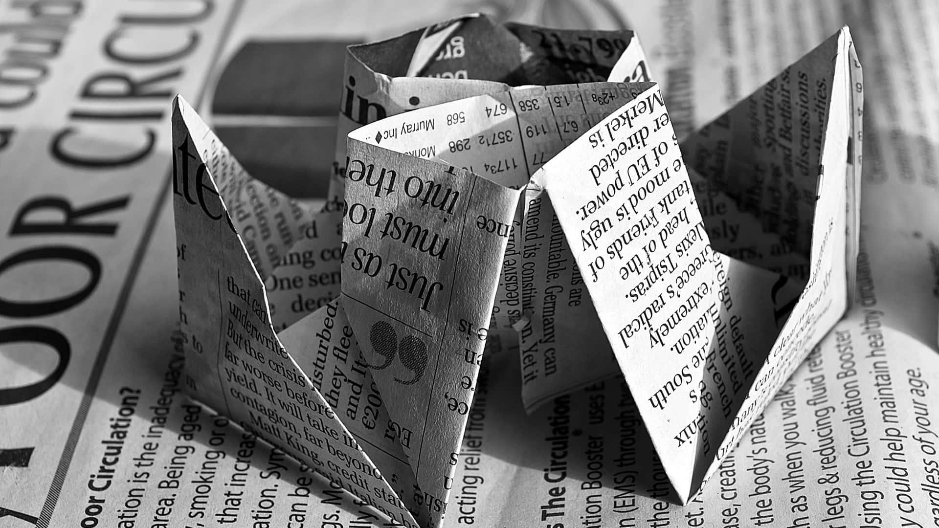 black and white newspaper, wooden table, origami fortune teller, Full HD Desktop Wallpaper