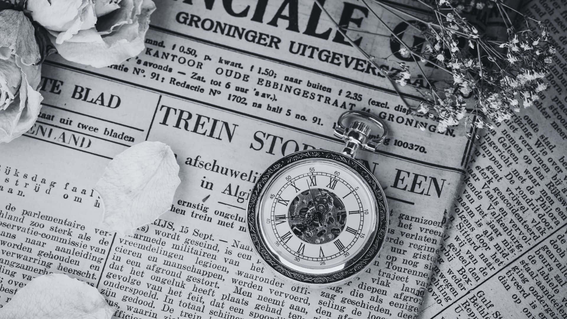 vintage pocket watch, exposed gears, torn Dutch newspaper, Full HD Desktop Wallpaper