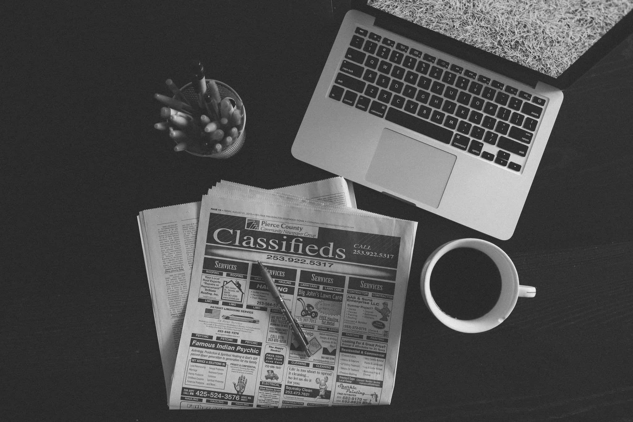 black and white newspaper, laptop, classifieds, Full HD Desktop Wallpaper
