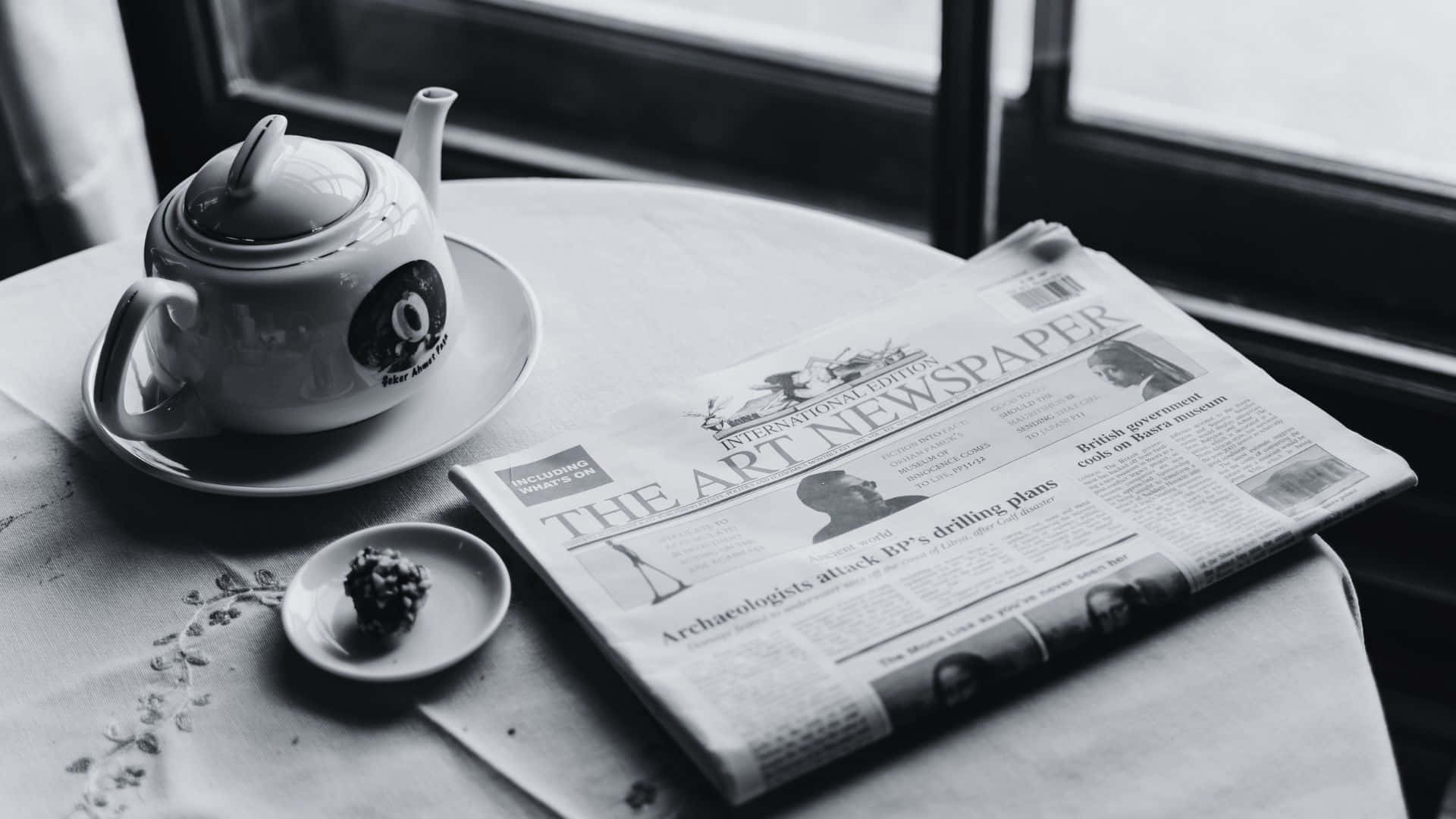 Black And White Newspaper, wooden table, teapot, Full HD Desktop Wallpaper
